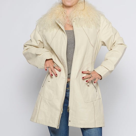 Fluffy Collar Long Leather Jacket - UK 14