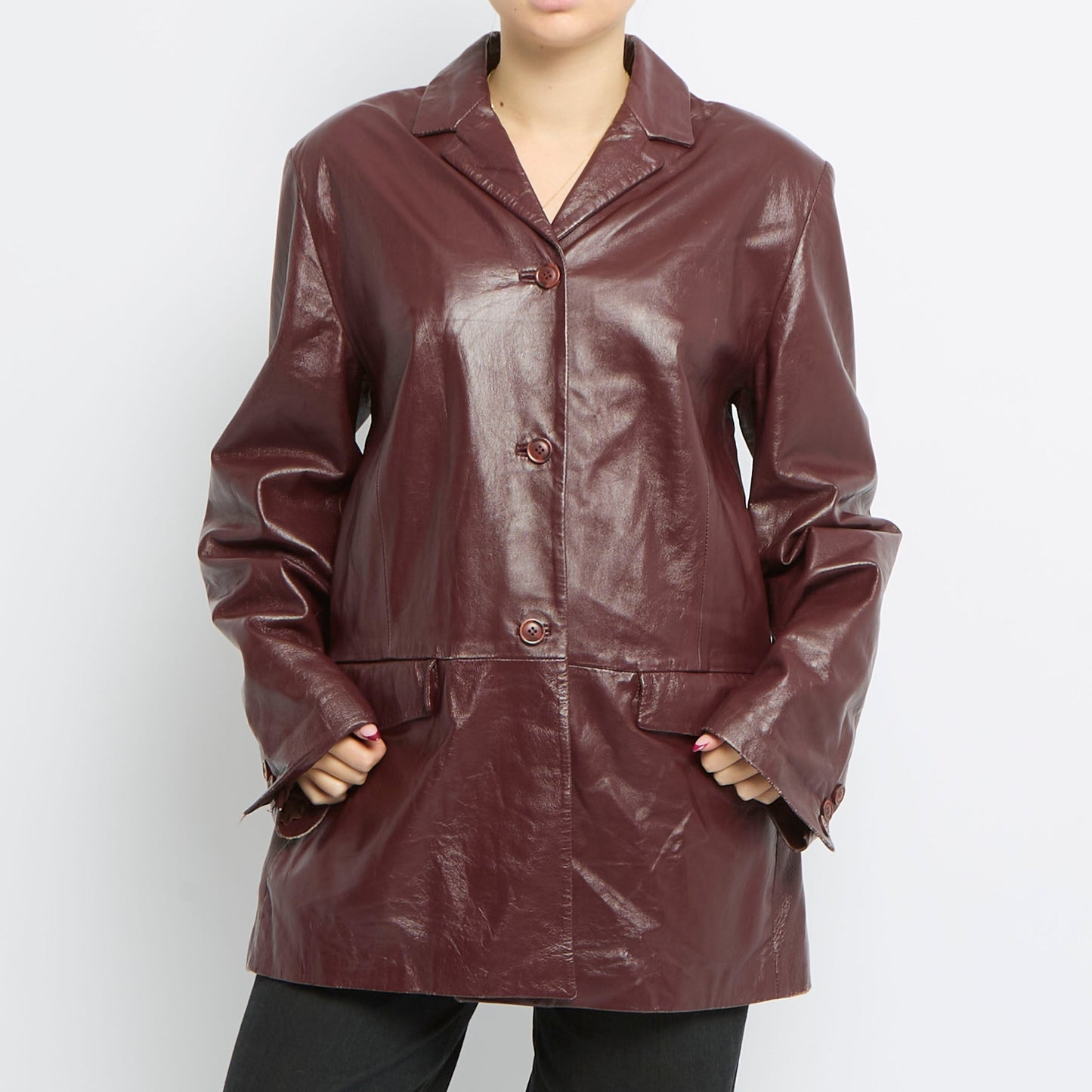 Button Detail Long Leather Jacket - UK 14