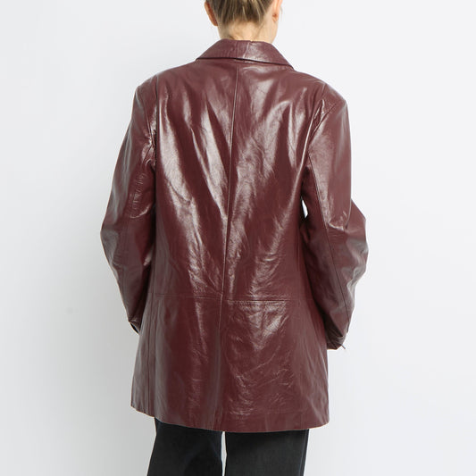 Button Detail Long Leather Jacket - UK 14