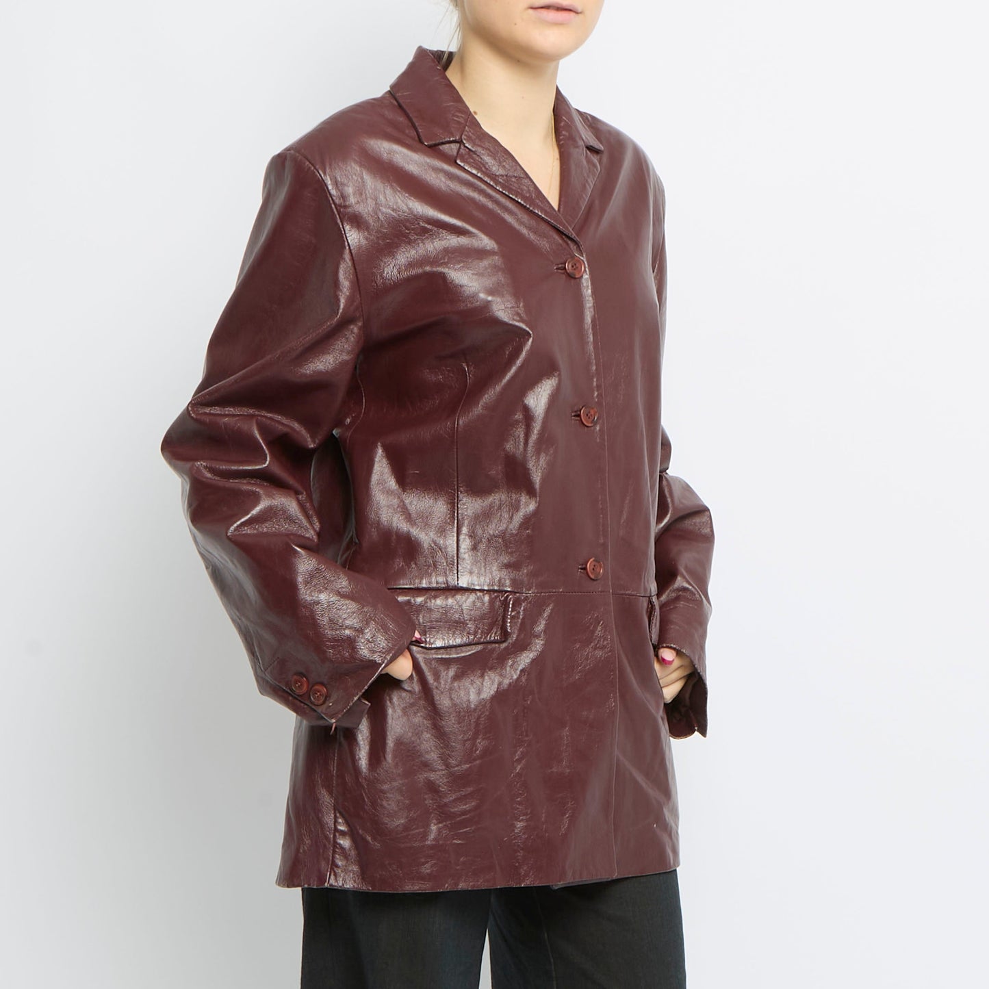 Button Detail Long Leather Jacket - UK 14