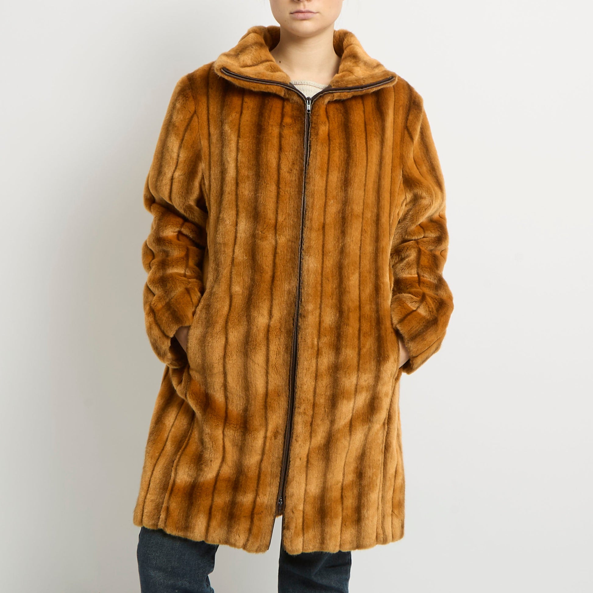 Faux Fur Zip Long Jacket - UK 14