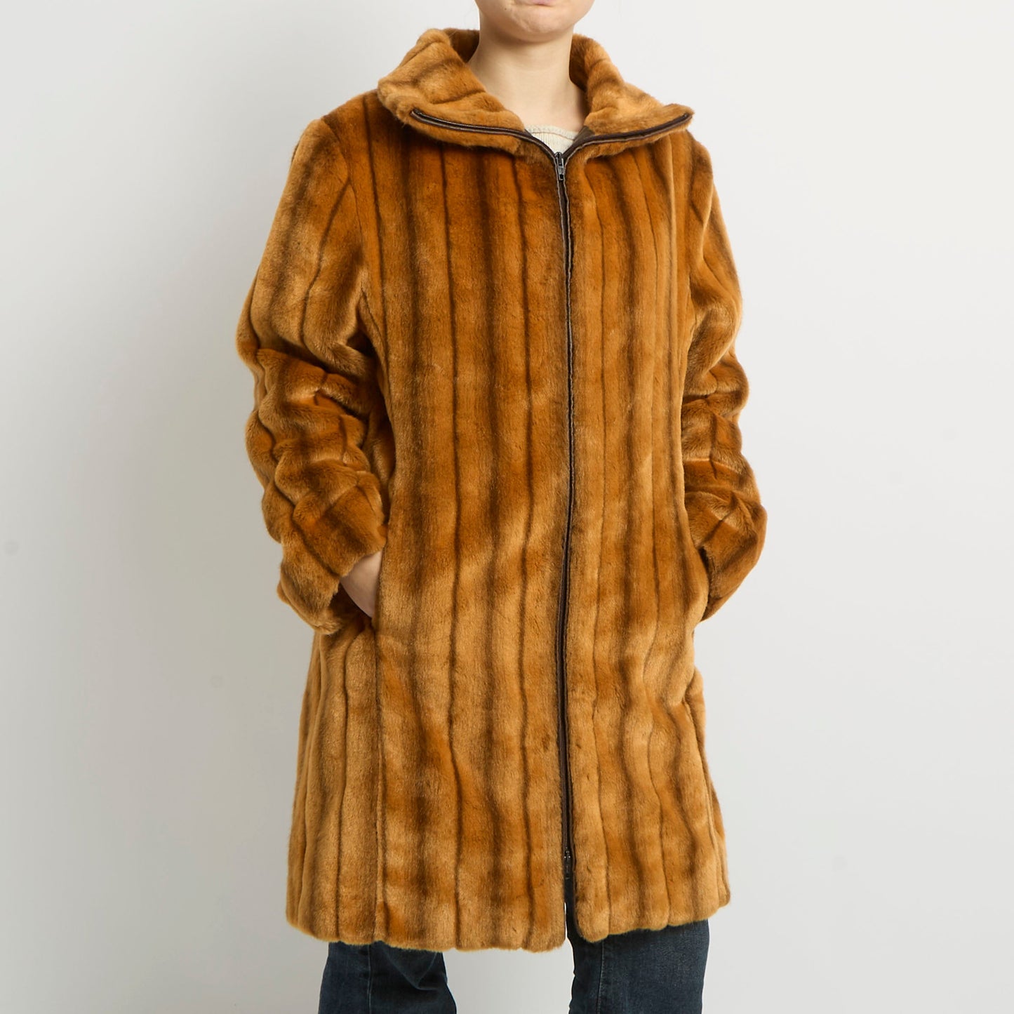 Faux Fur Zip Long Jacket - UK 14