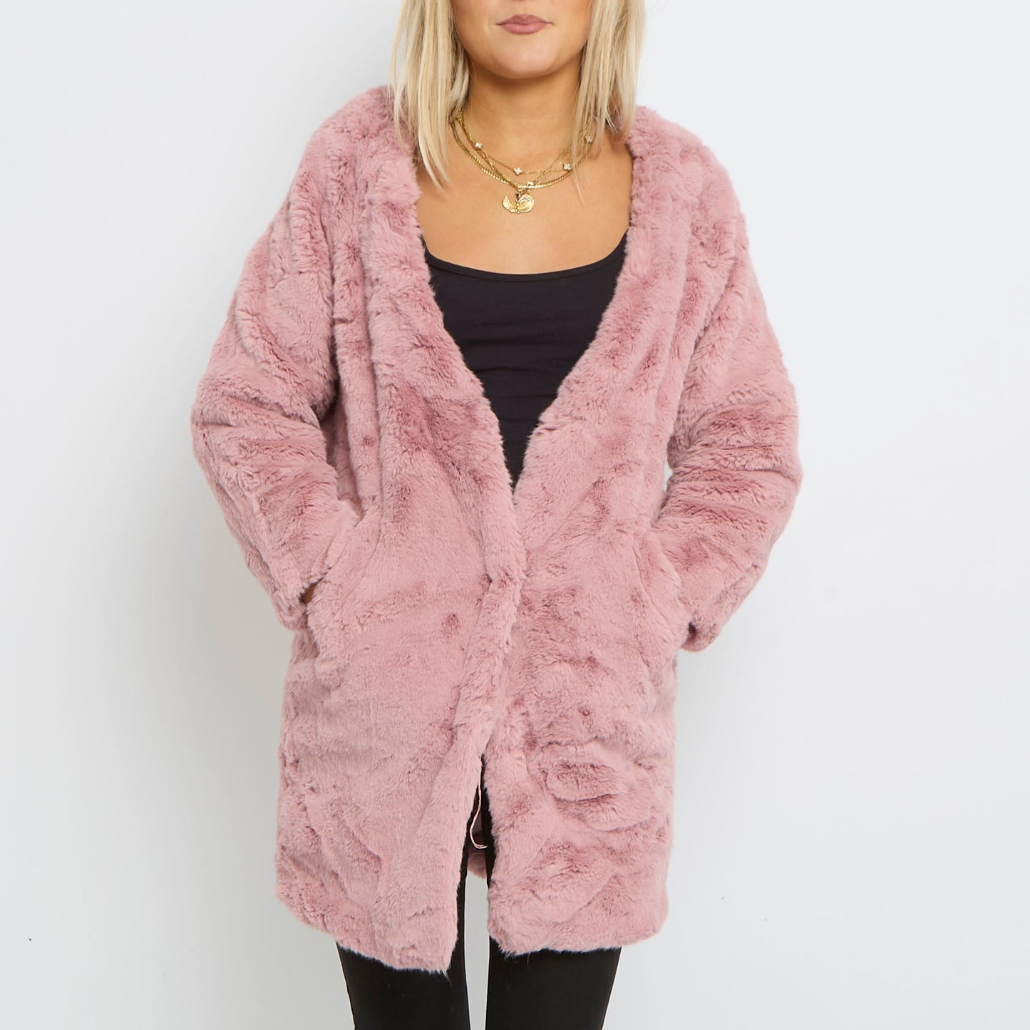 Faux Fur Long Button Up Coat - UK 14