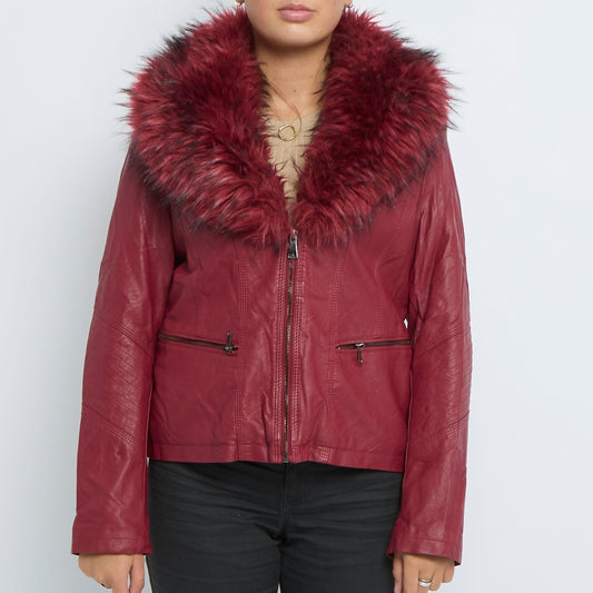 Leather Fluffy Collar Trimmed Jacket - UK 14