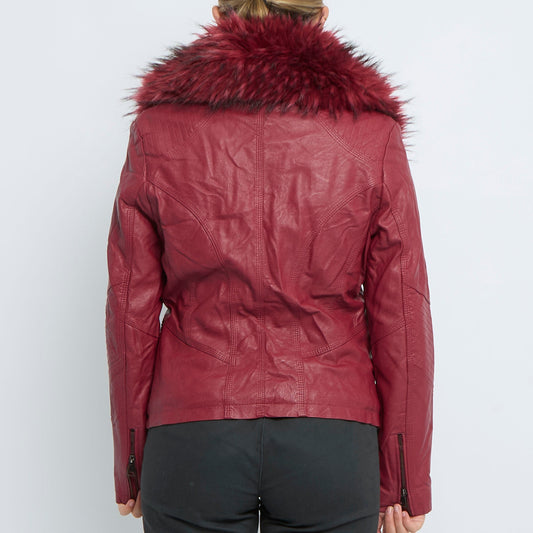 Red Leather Fur Collar Belted Jacket - UK 14