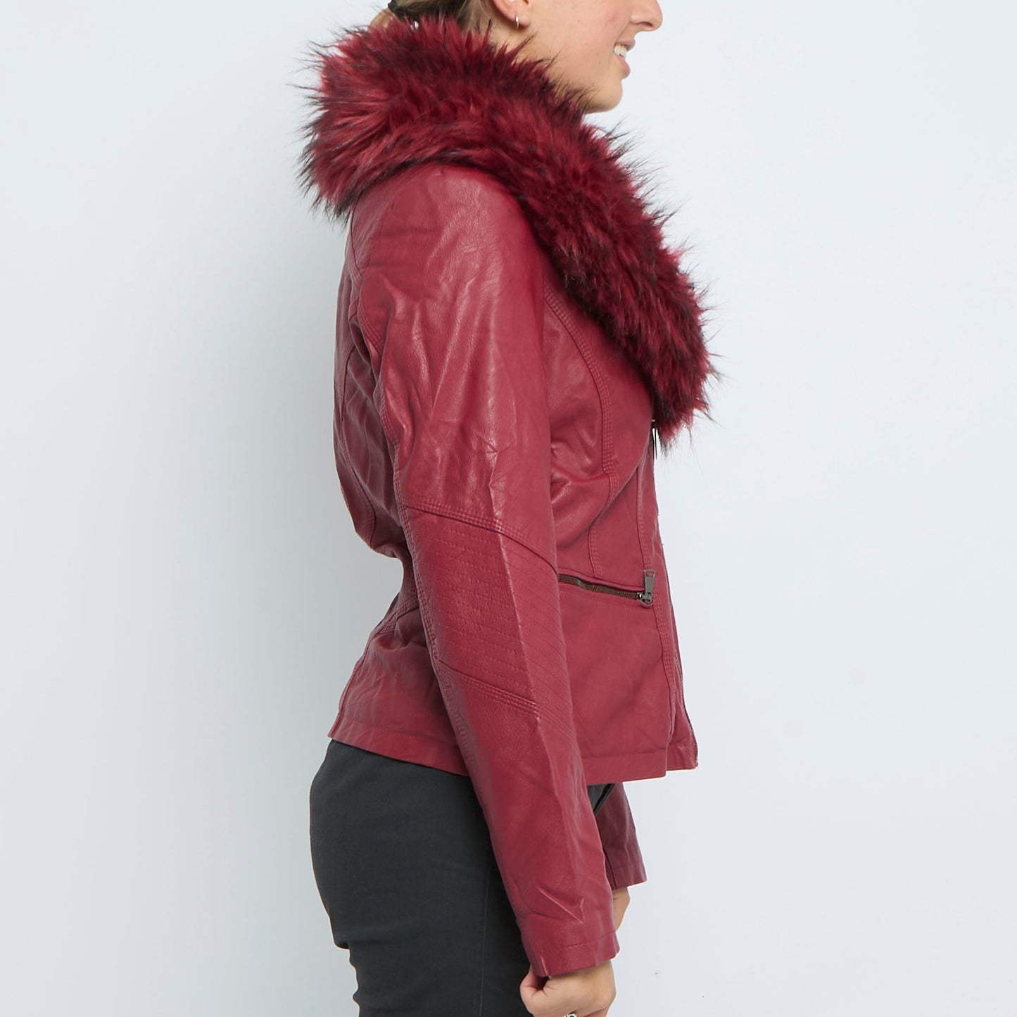 Red Leather Fur Collar Belted Jacket - UK 14