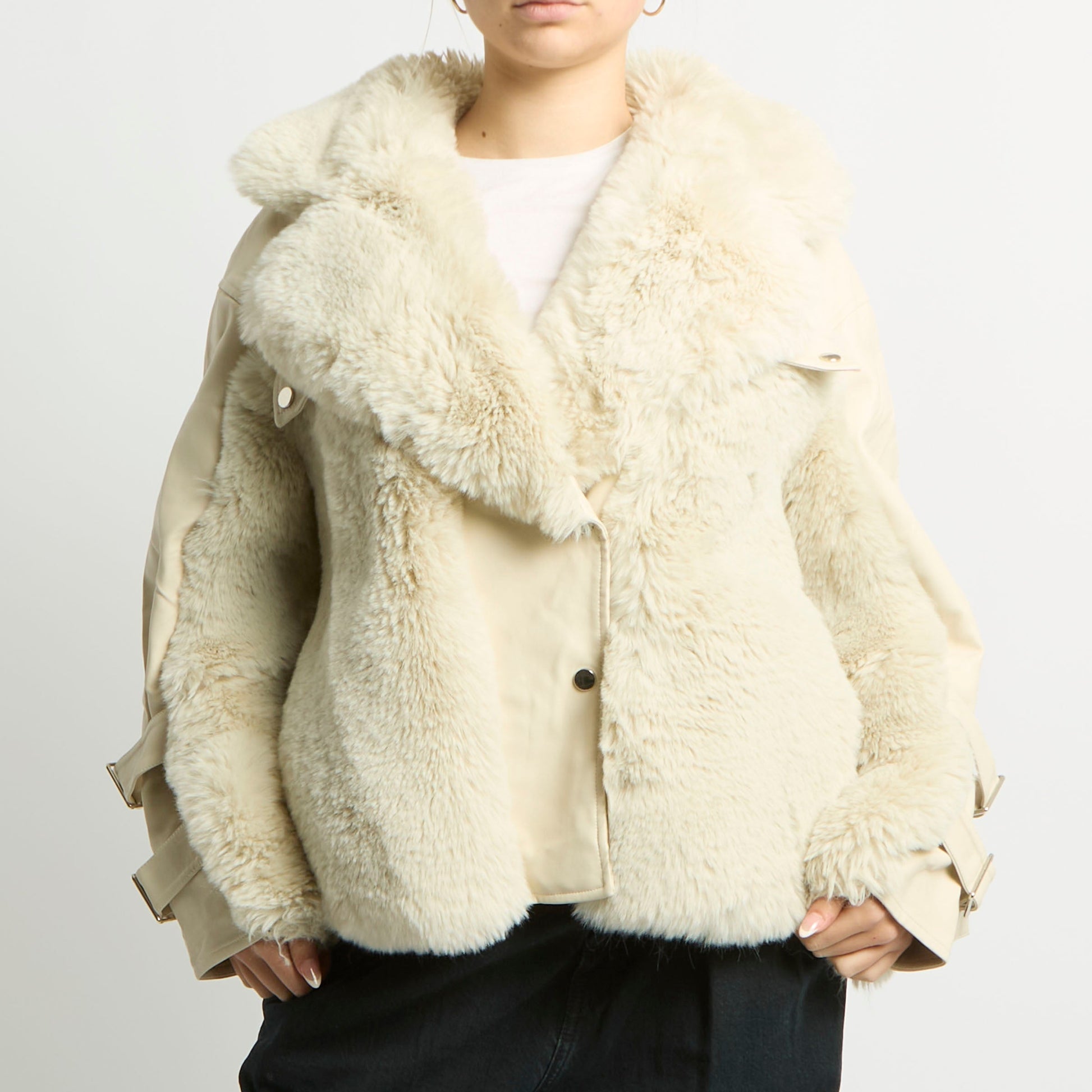 Faux Fur Leather Buckle Detail Jacket - UK 14