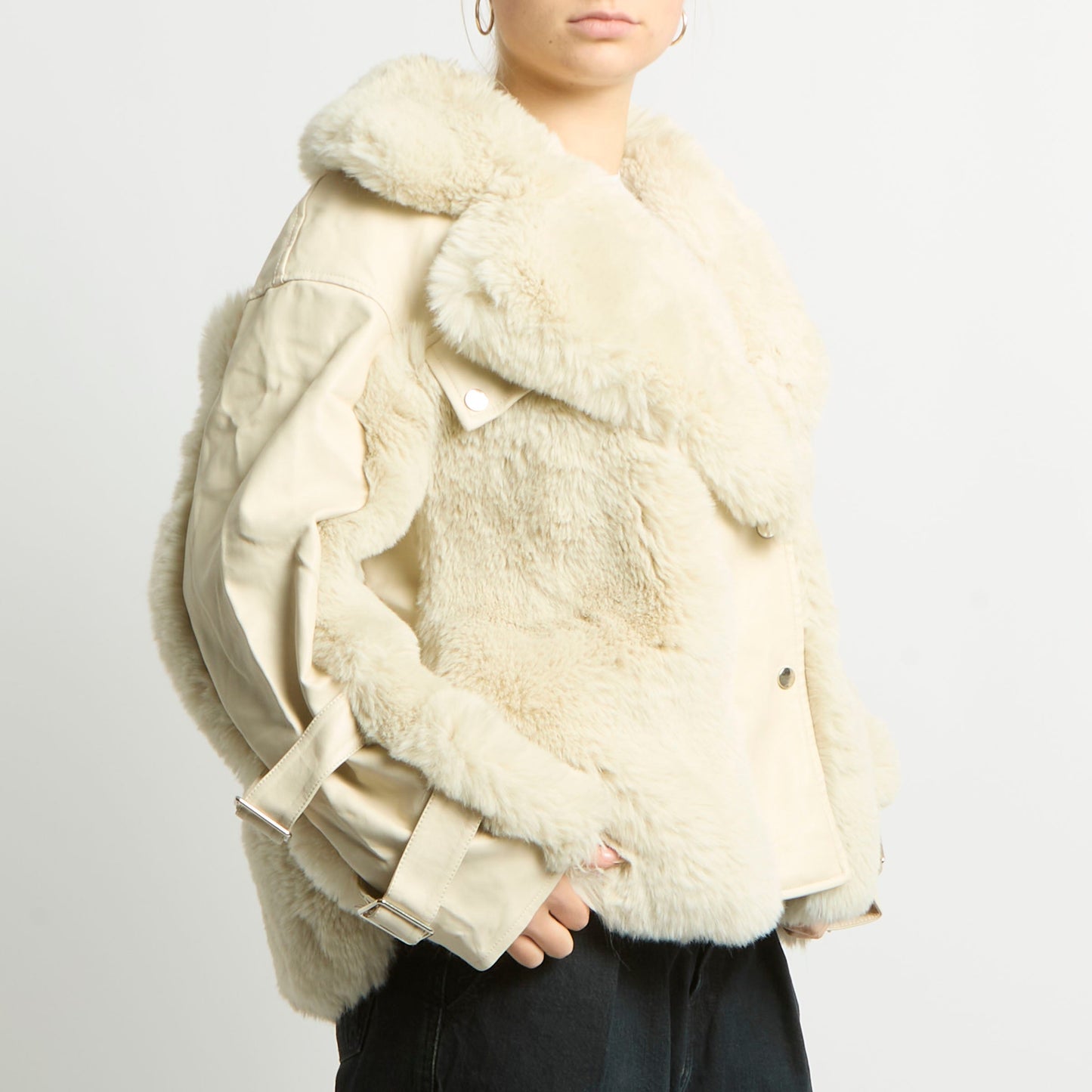 Faux Fur Leather Buckle Detail Jacket - UK 14