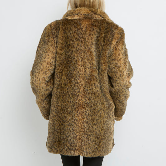 Leopard Shawl Collar Faux Fur Jacket- UK 16