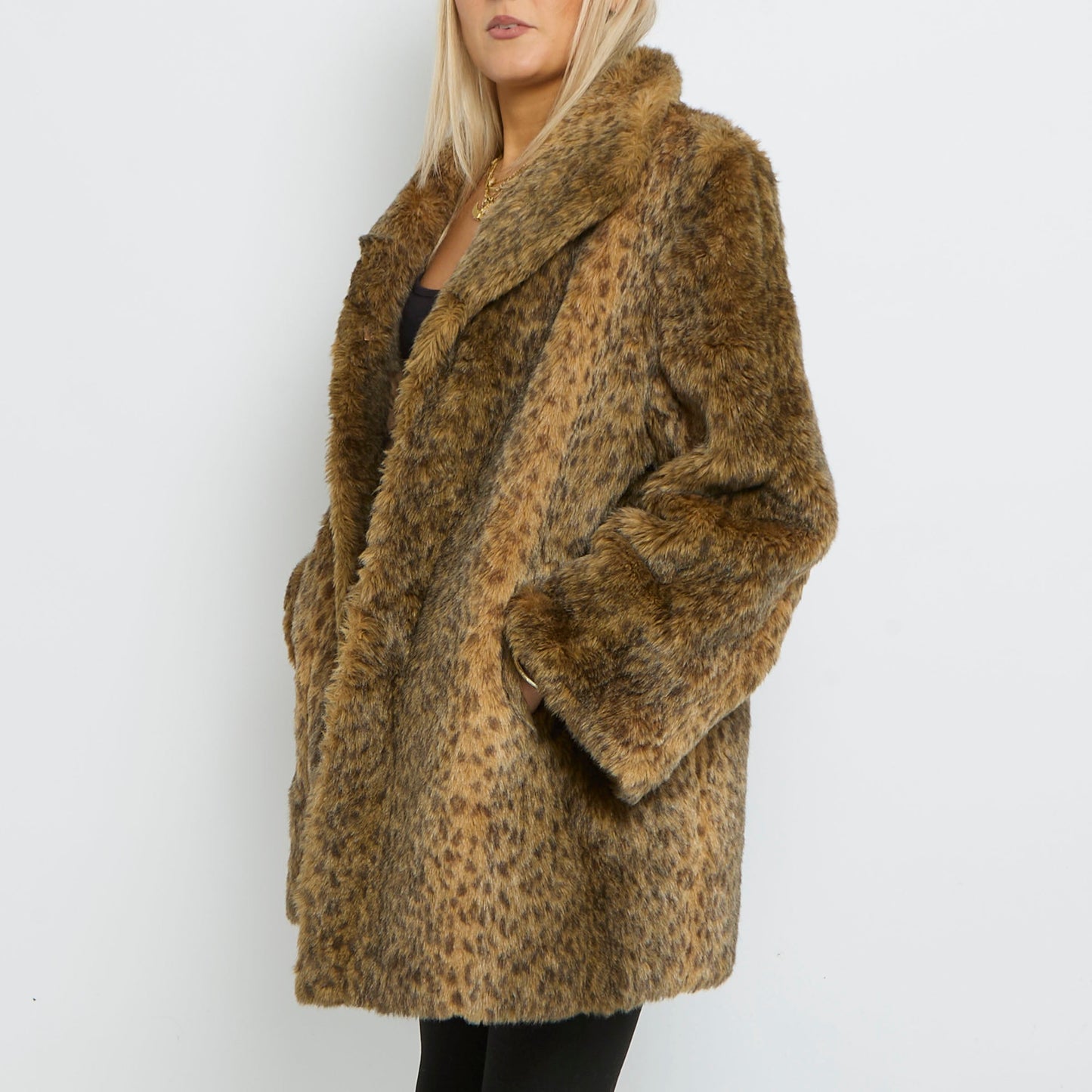 Leopard Shawl Collar Faux Fur Jacket- UK 16