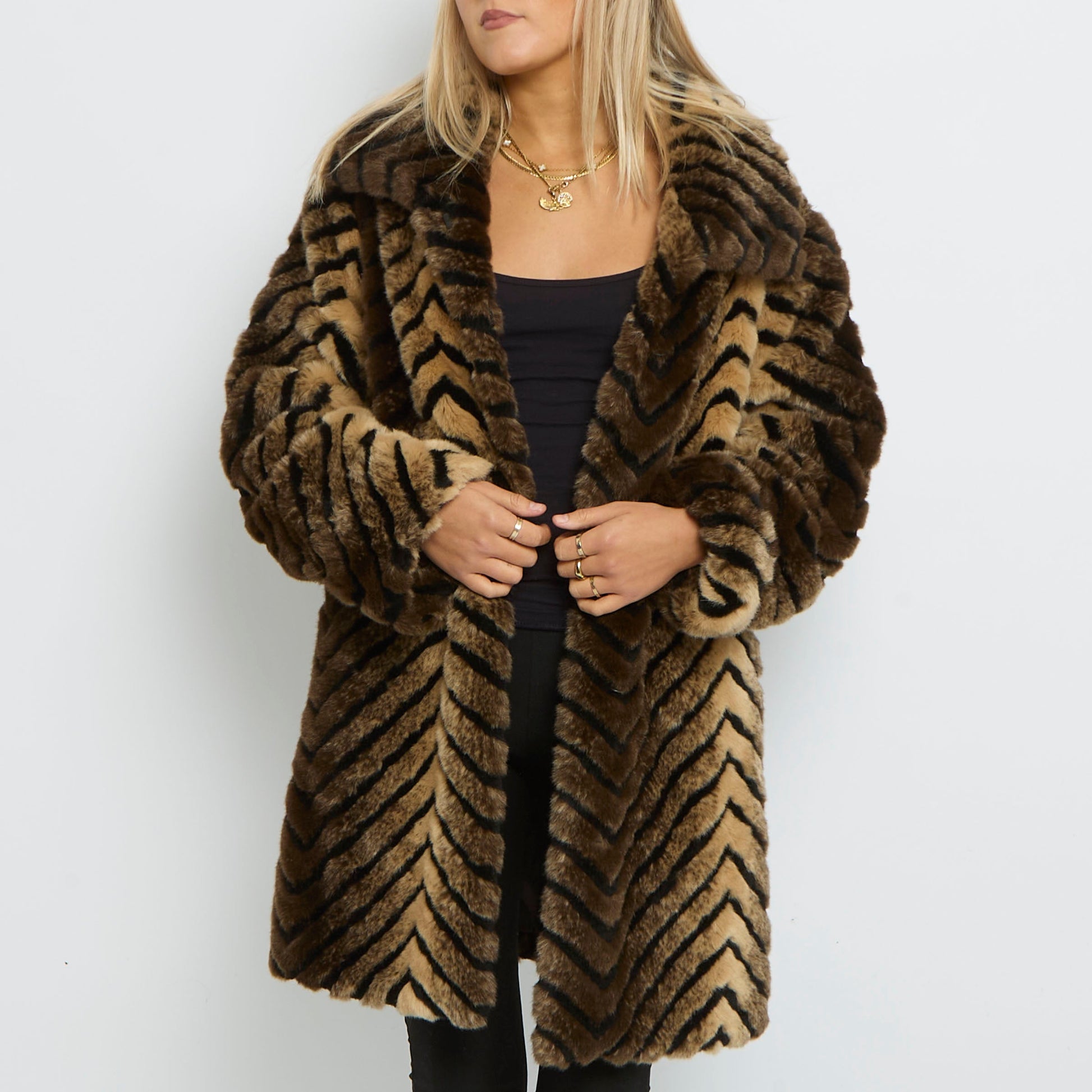 Zig Zag Pattern Faux Fur Oversize Coat- UK 16