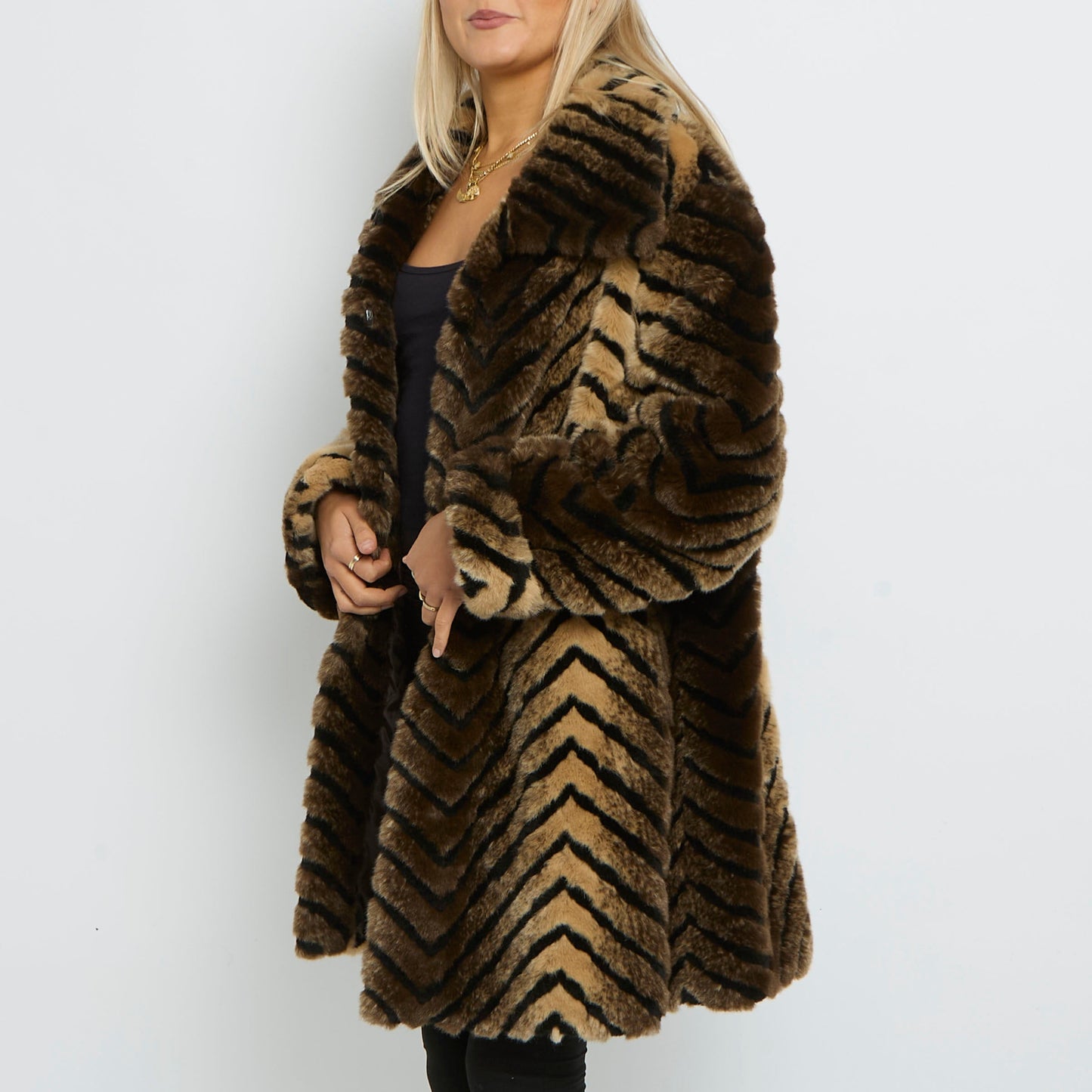 Zig Zag Pattern Faux Fur Oversize Coat- UK 16