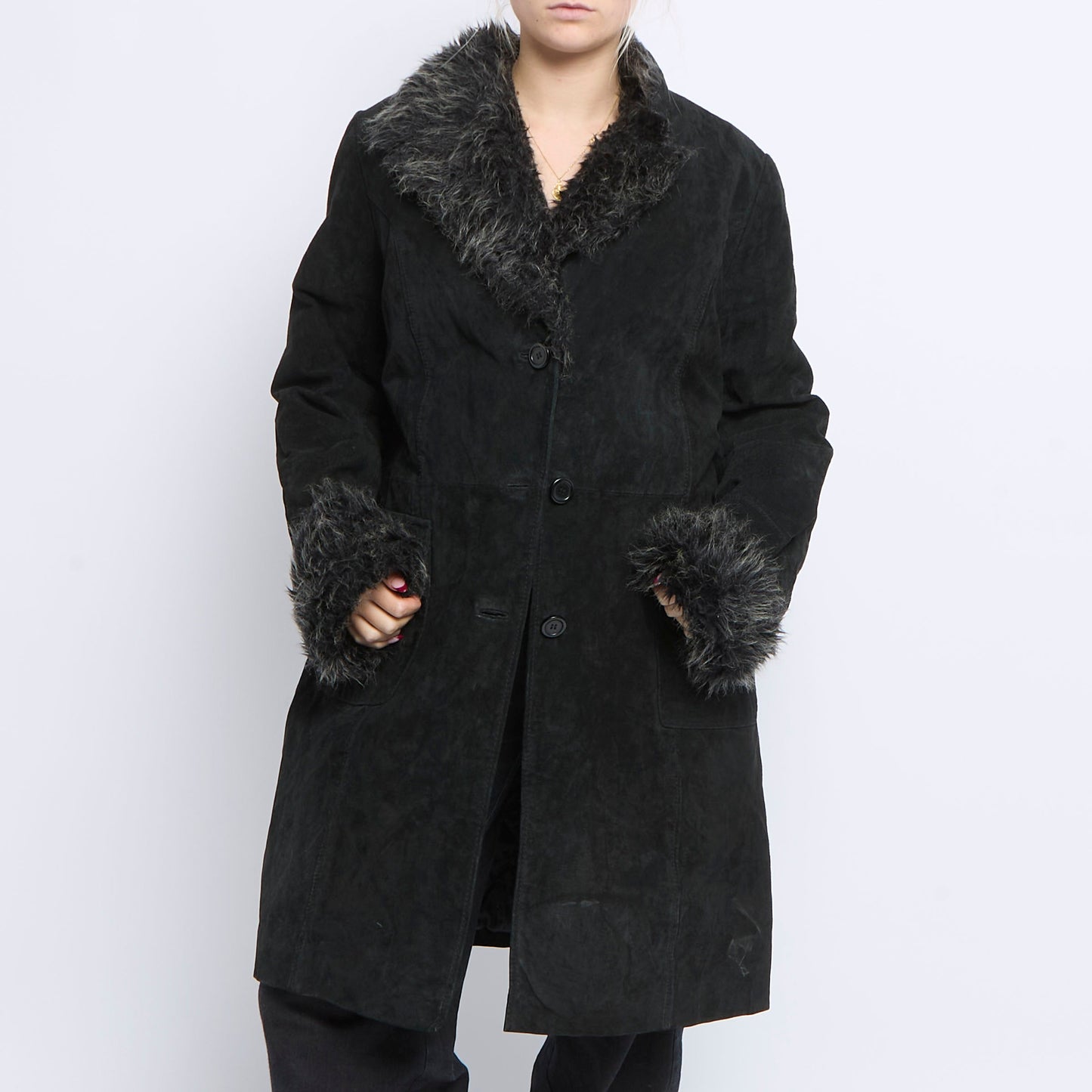 Fur Trimmed Suade Long Jacket - UK 16