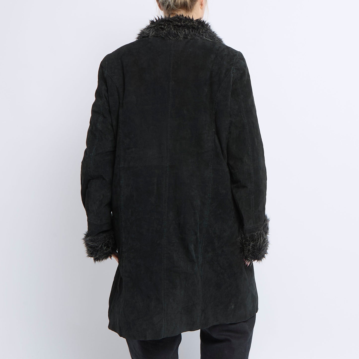 Fur Trimmed Suade Long Jacket - UK 16