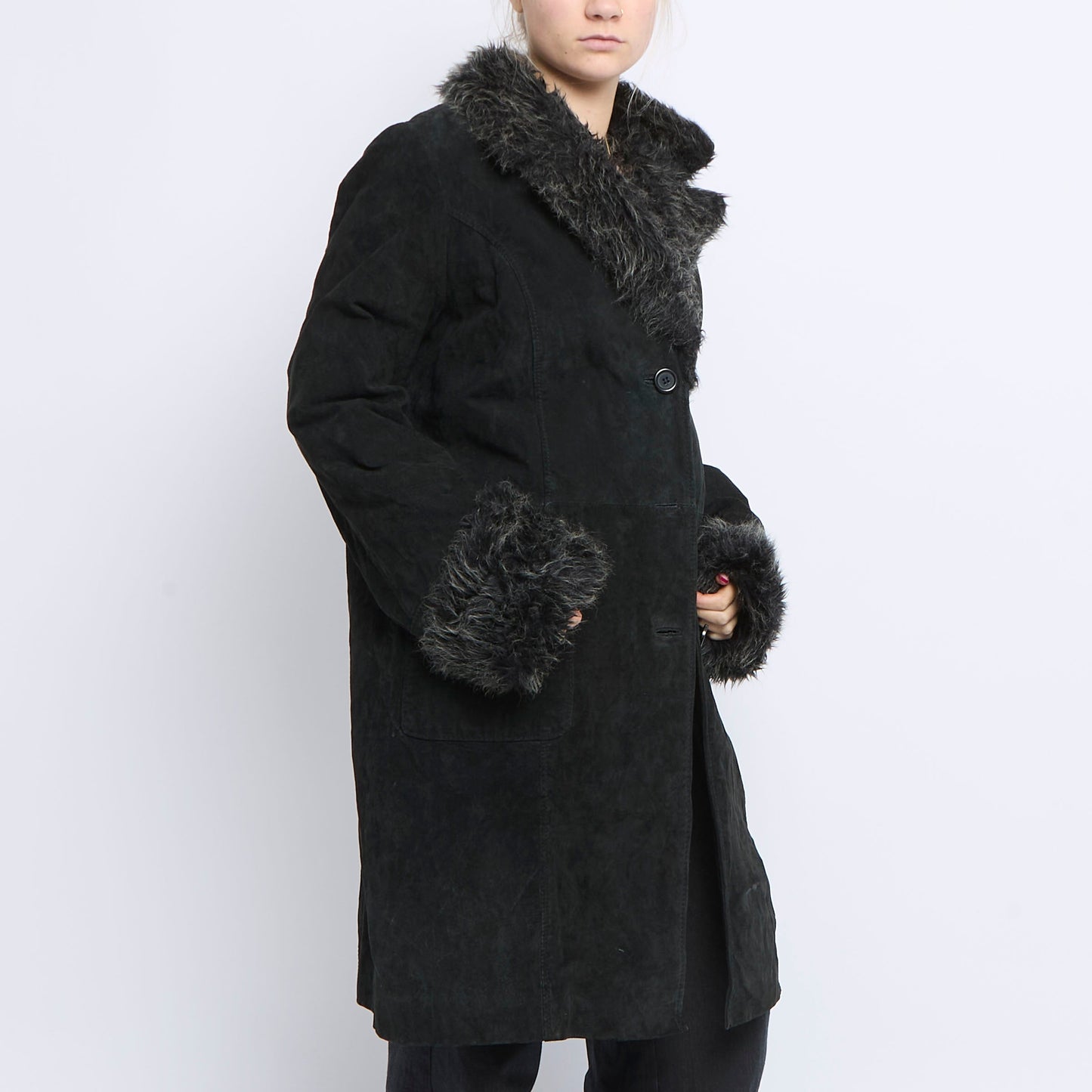 Fur Trimmed Suade Long Jacket - UK 16