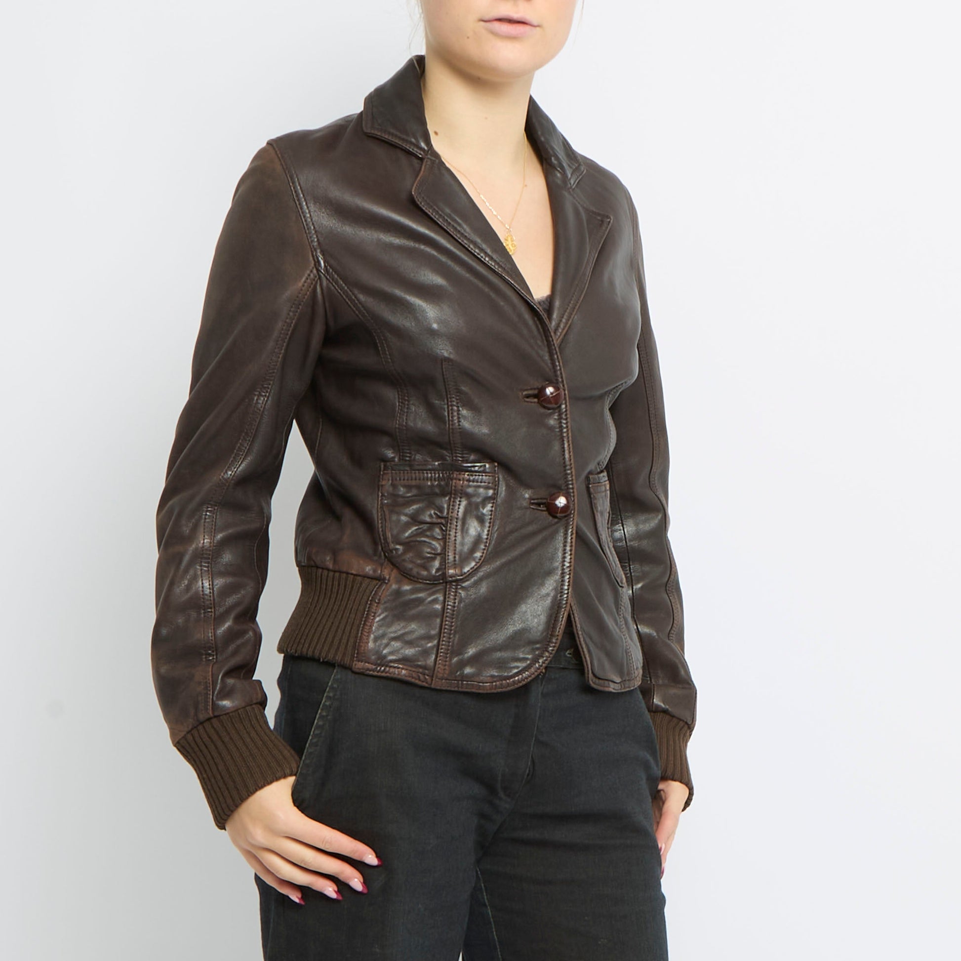 Fur Trim Heavy Leather Jacket - UK 16