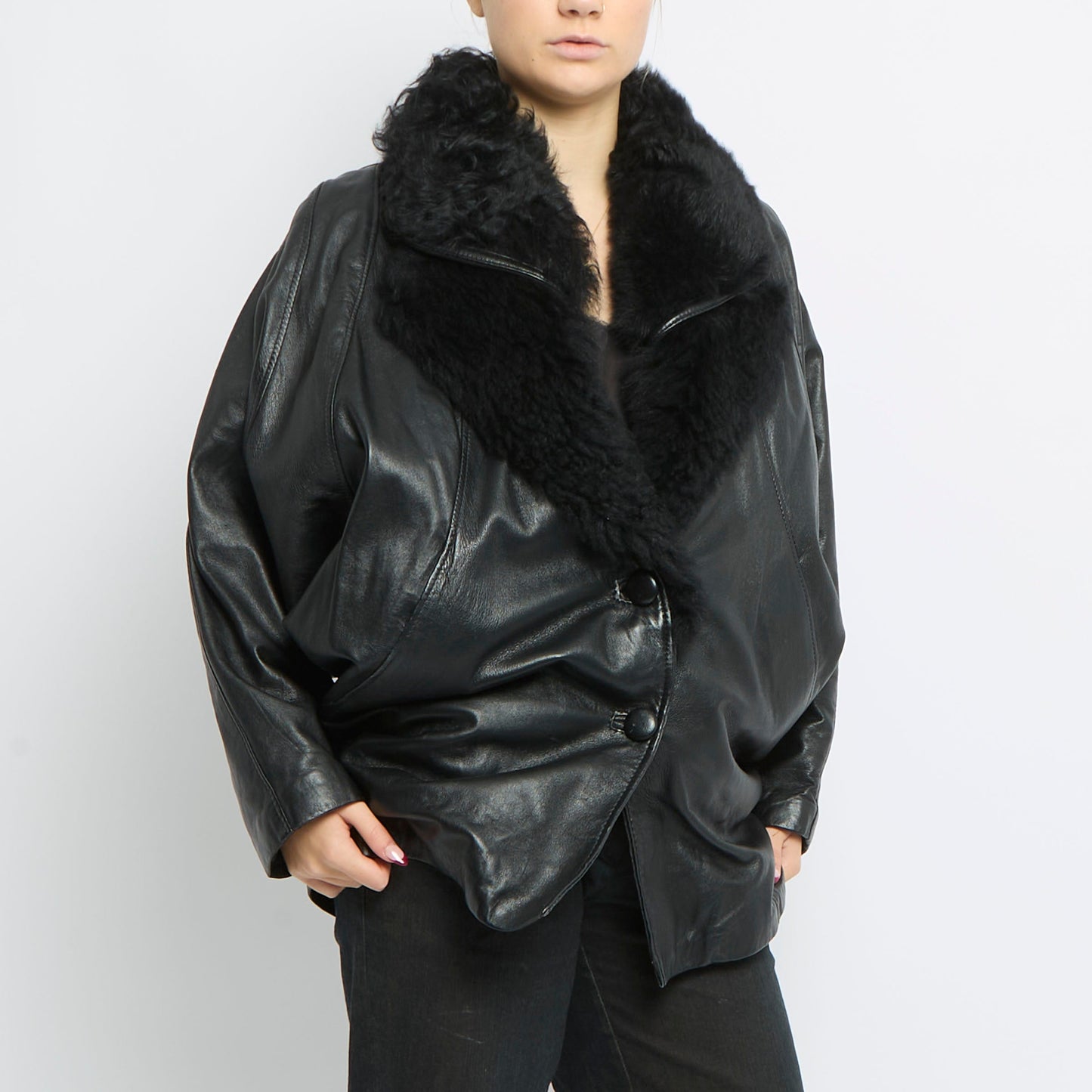 Fur Trim Heavy Leather Jacket - UK 16