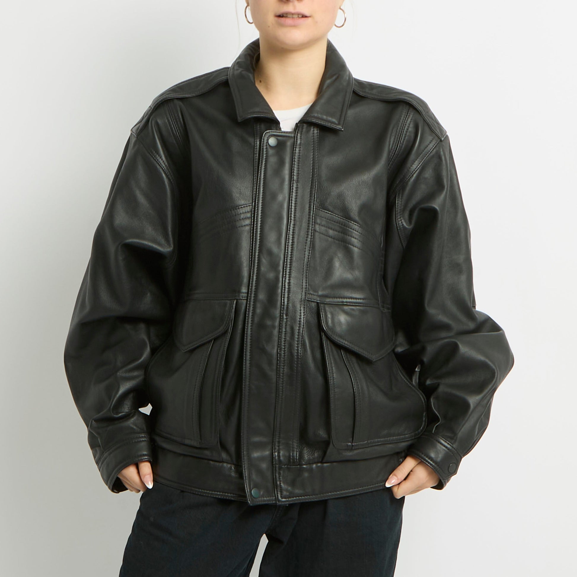 Zip Leather Batwing Sleeve Jacket - UK 16