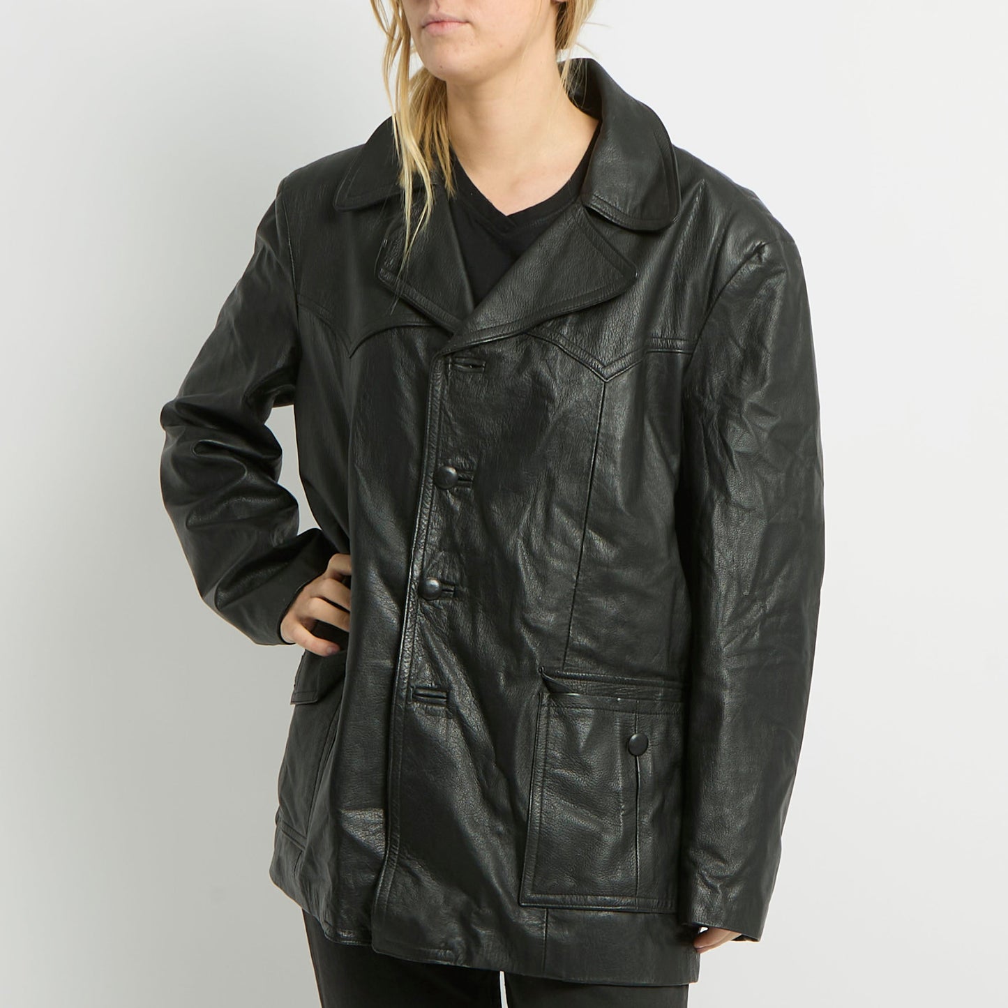 Long Leather Blazer Jacket - UK 16