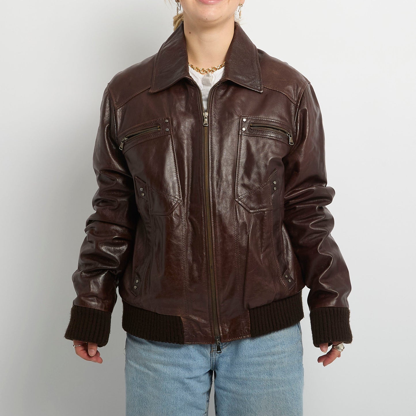 Leather Silver Studded Full Zip Oversize Jacket- UK 16