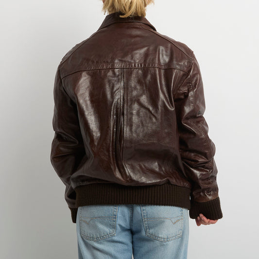 Leather Silver Stud Detail Full Zip Bomber Jacket- UK 16