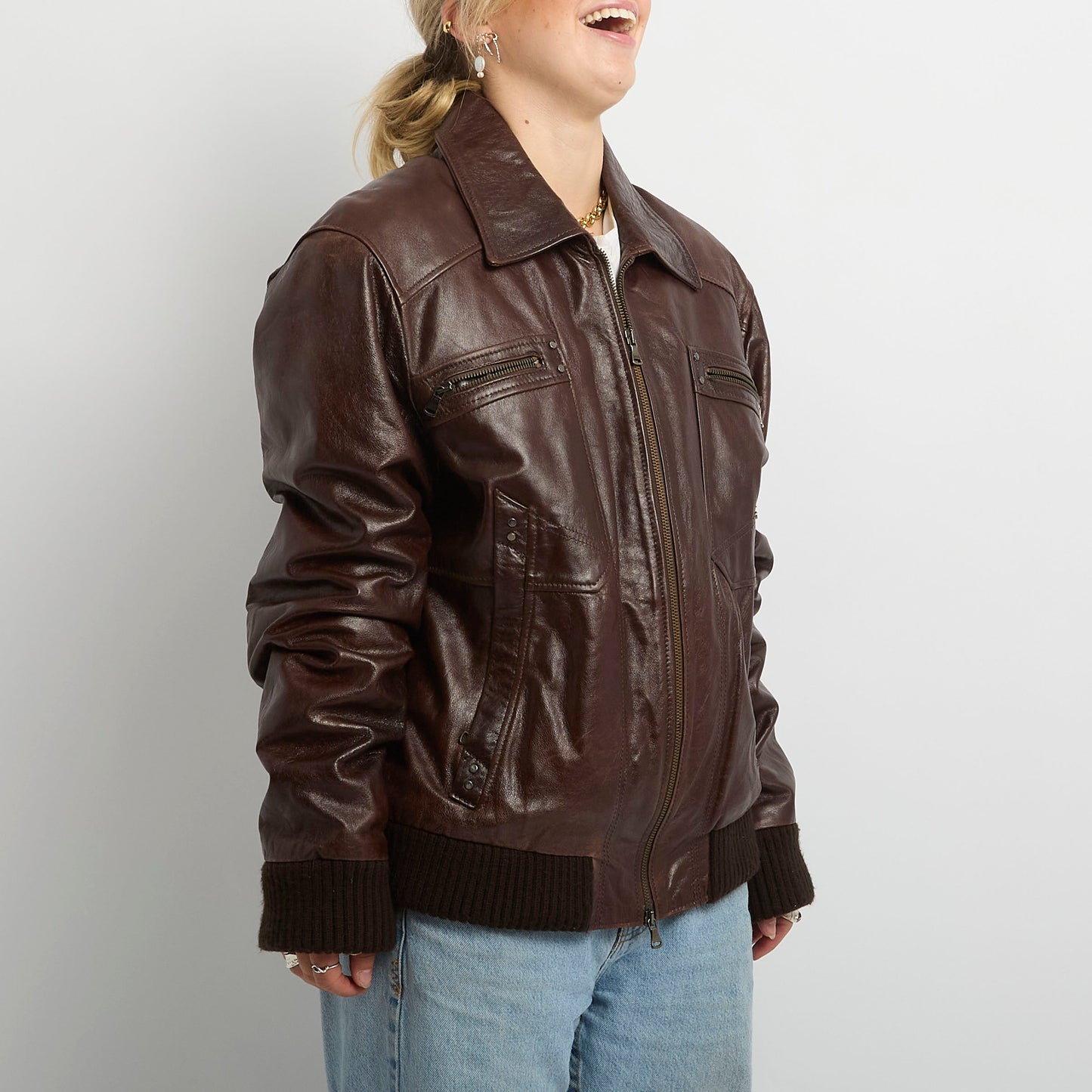 Leather Silver Stud Detail Full Zip Bomber Jacket- UK 16