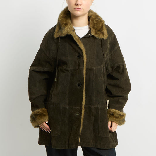 Suede Fur Lined Long Jacket - UK 16