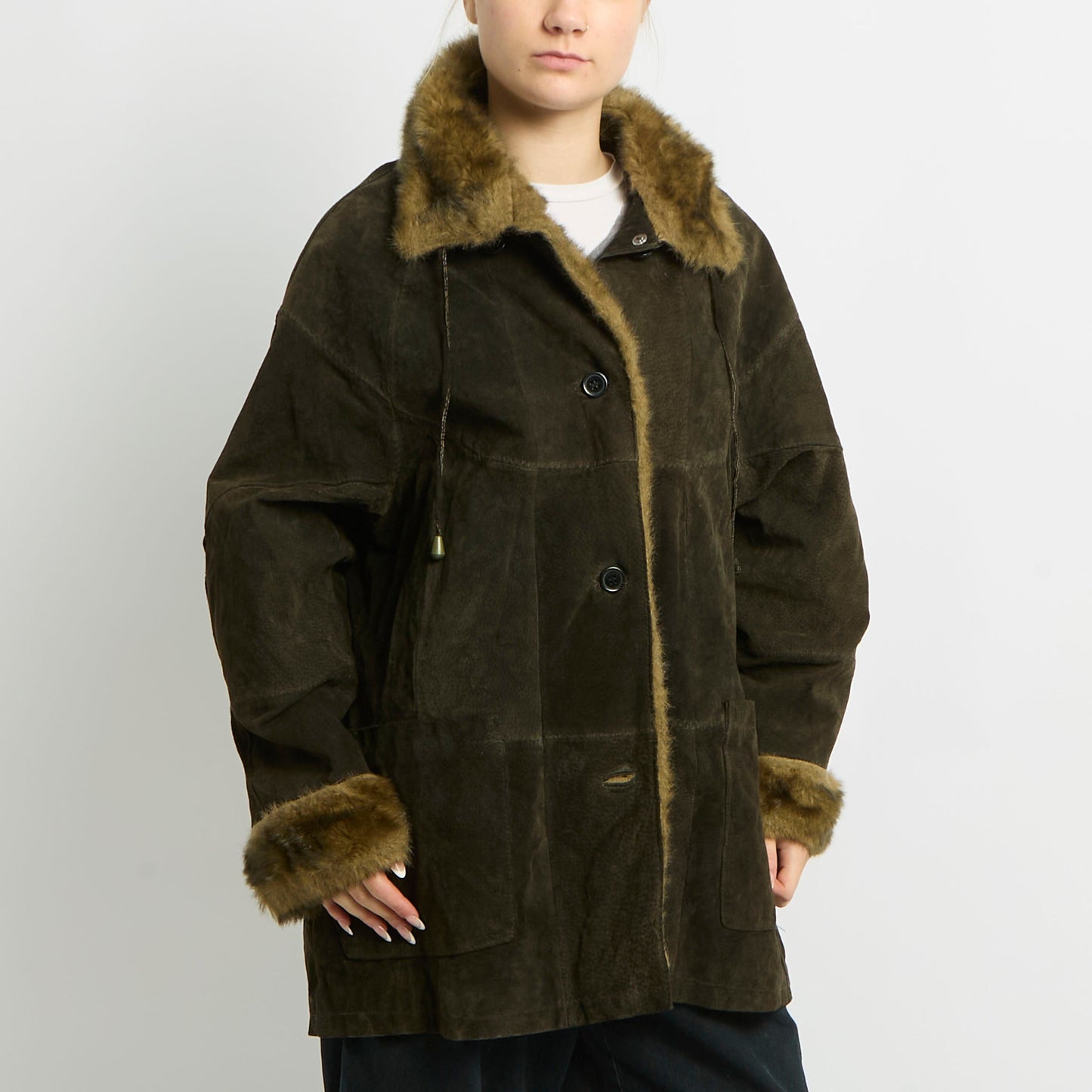 Suede Fur Lined Long Jacket - UK 16