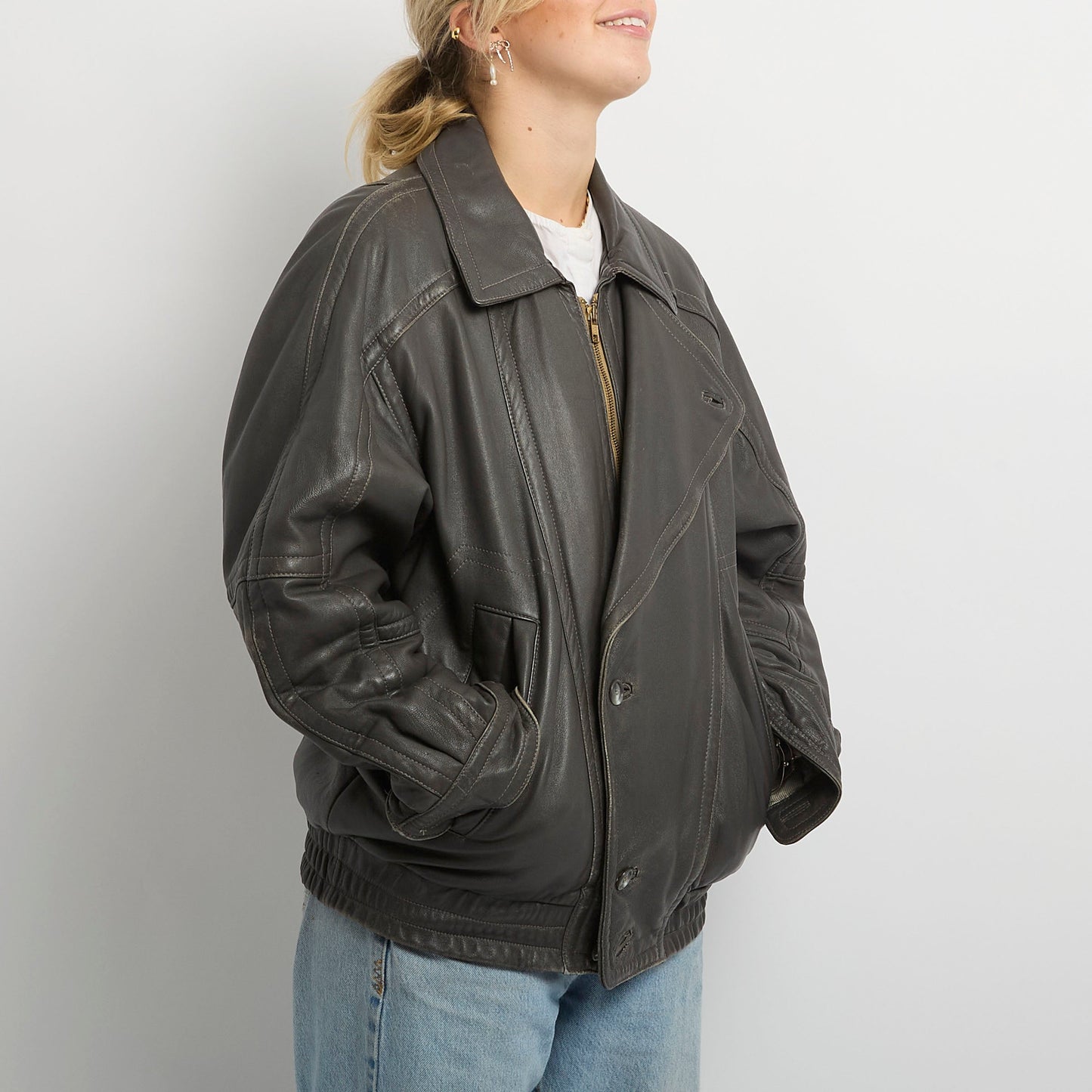 Leather Contrast Stitch Jacket - UK 16