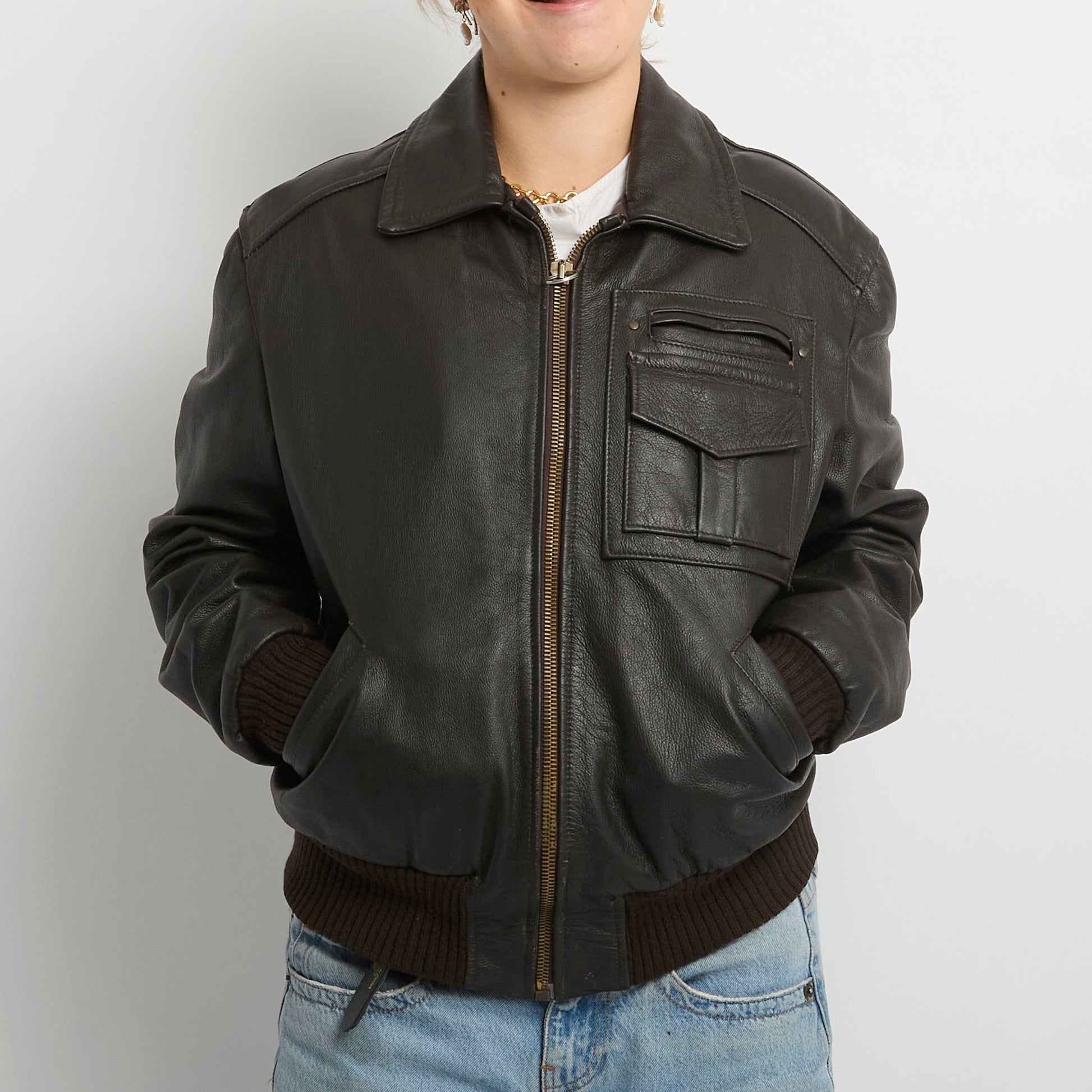 Leather Gold Full Zip Fur Lining Jacket- UK 20