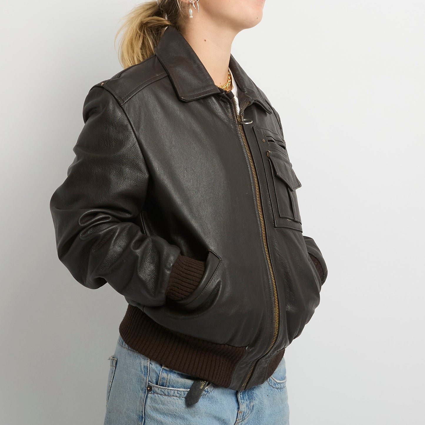 Leather Full Zip Fur Lining Bomber Jacket- UK 20