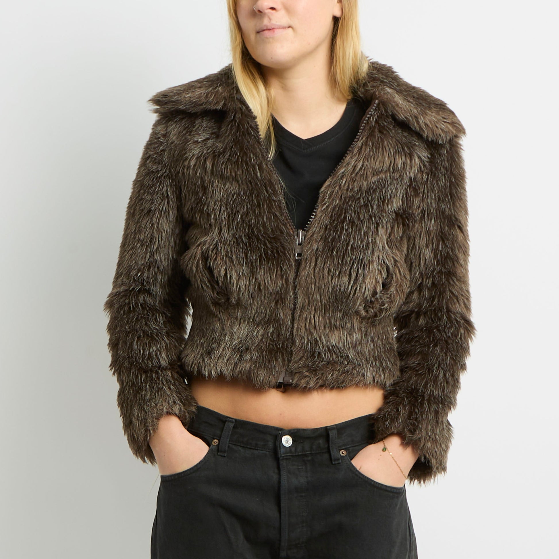 Cropped Faux Fur Jacket - UK 6