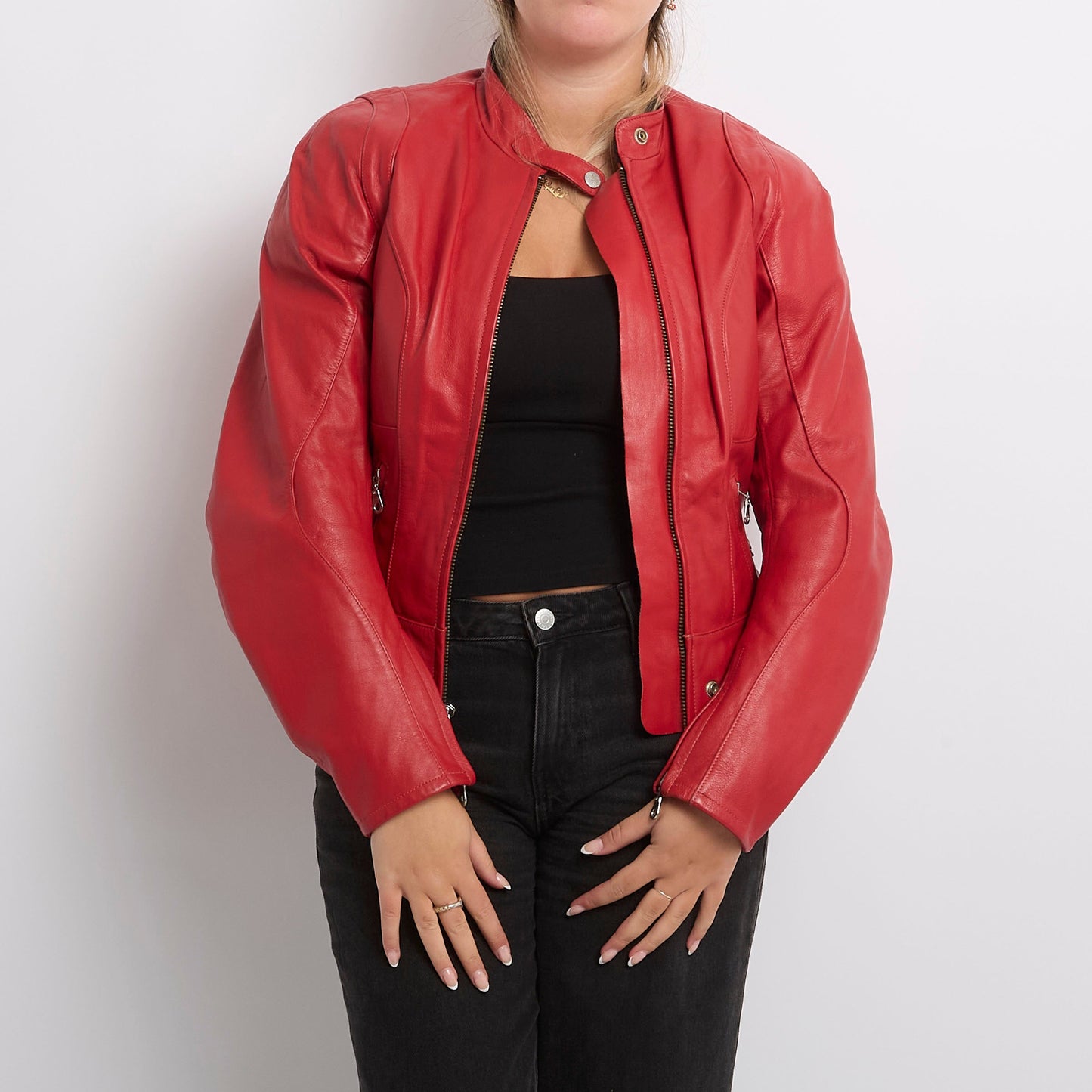 Leather Fitted Full Zip Biker Jacket - UK 6