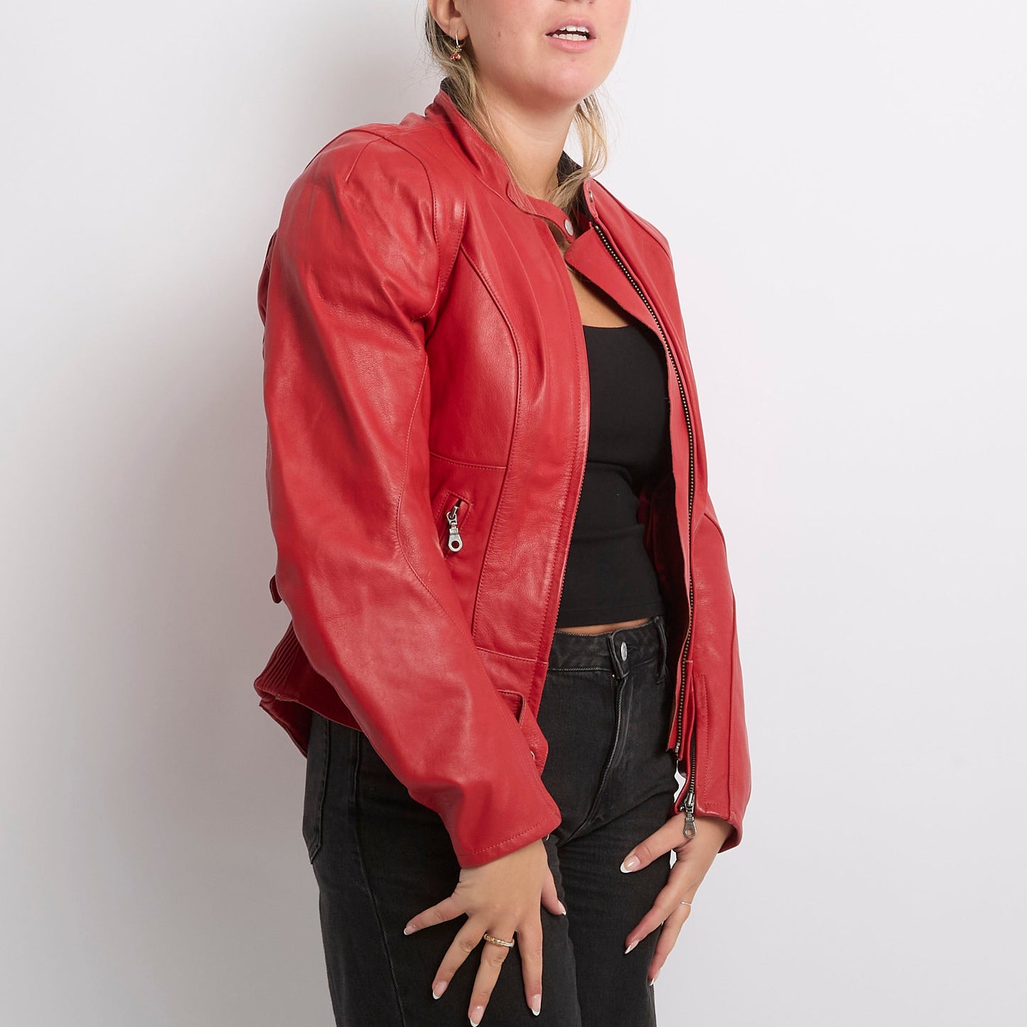 Leather Fitted Full Zip Biker Jacket - UK 6