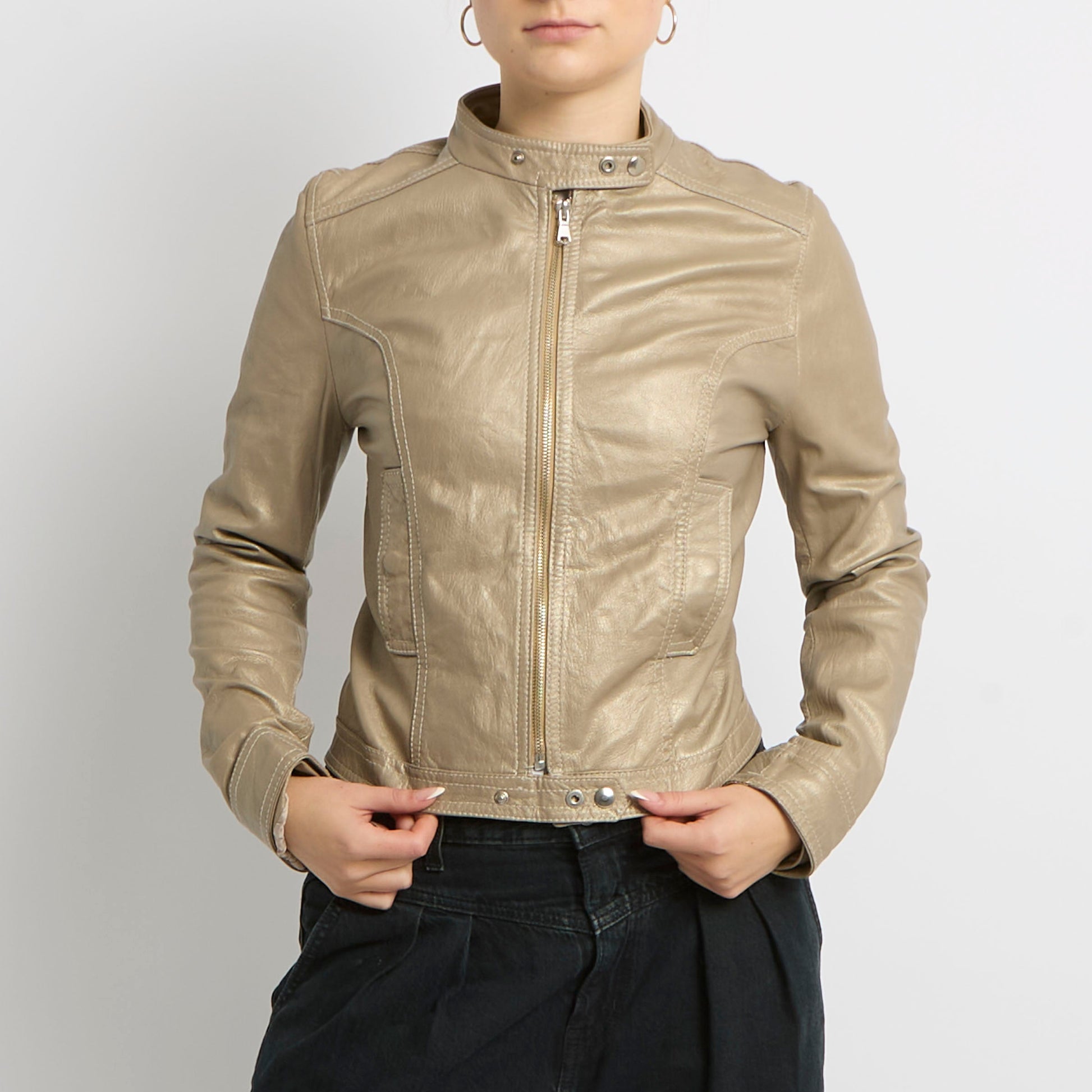 Vera Pelle Metallic Leather Biker Jacket - UK 8