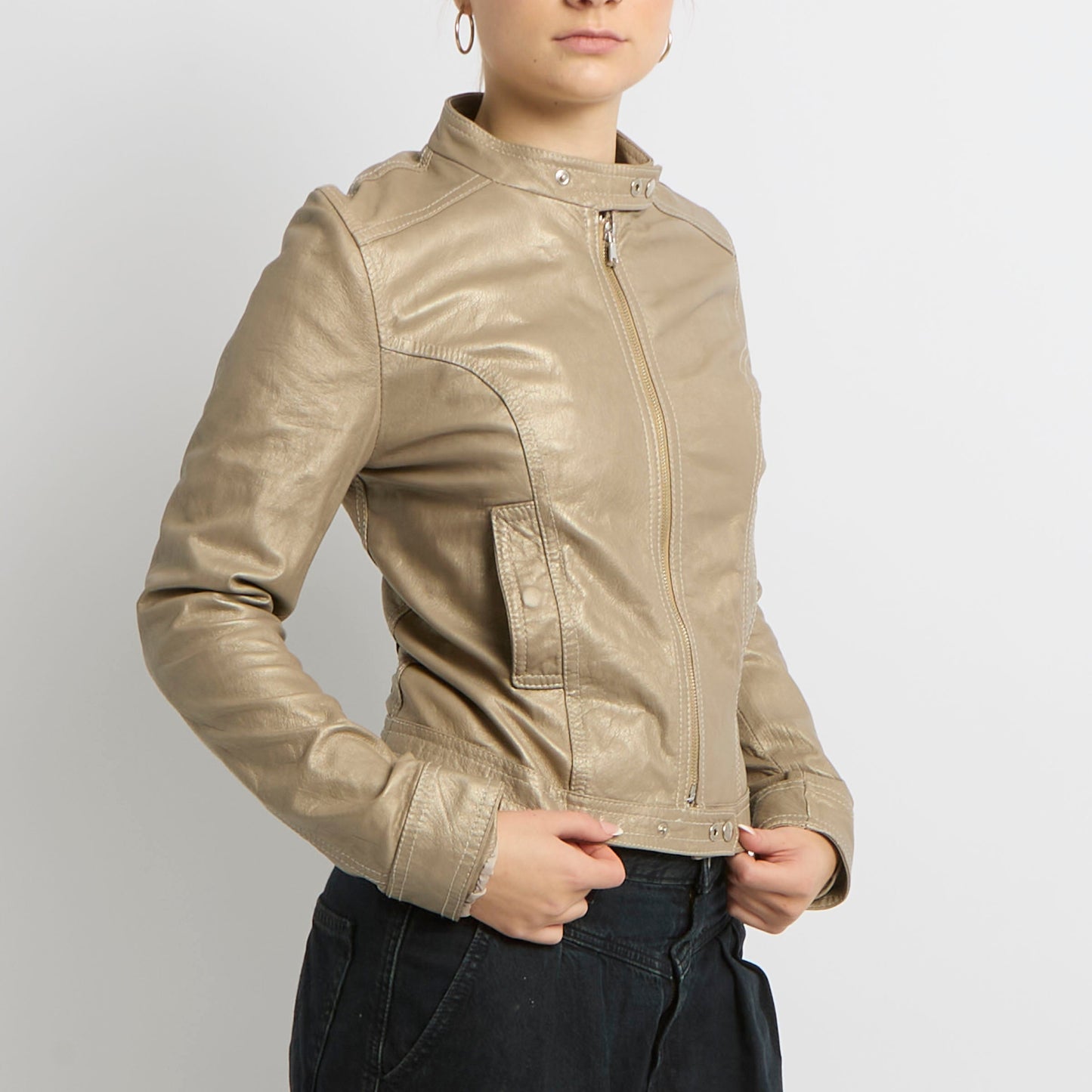 Vera Pelle Metallic Leather Biker Jacket - UK 8