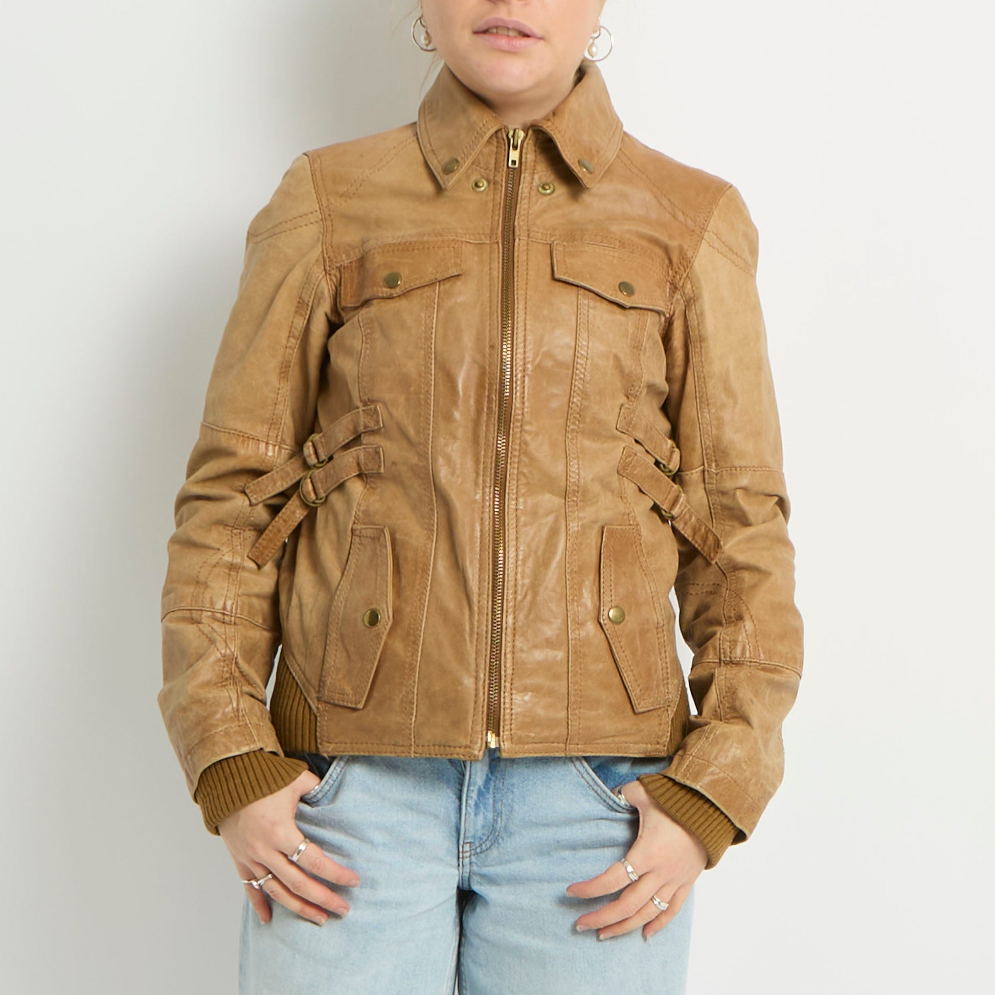 Buckle Detail Fitted Leather Jacket - UK 8