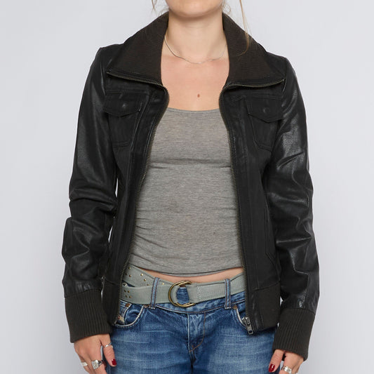 Pocket Detail Leather  Jacket - UK 8