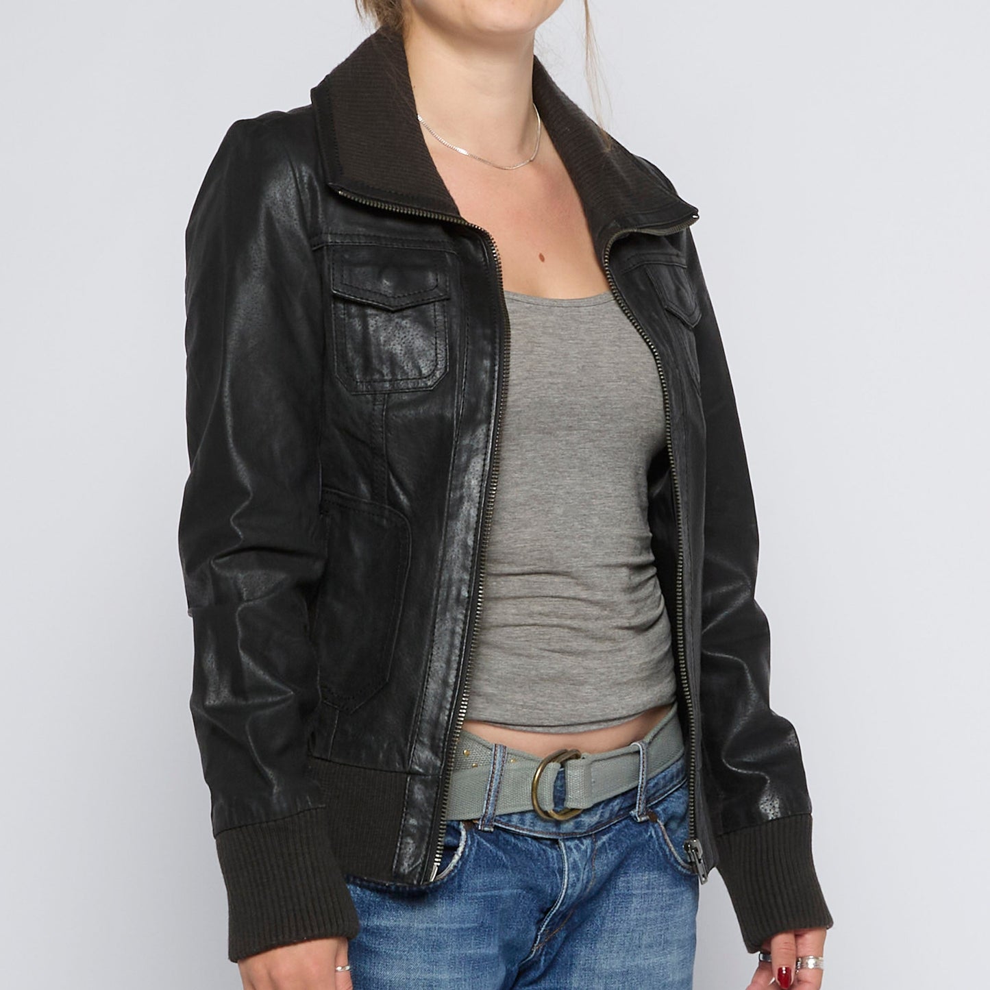 Pocket  Leather Bomber Jacket - UK 8