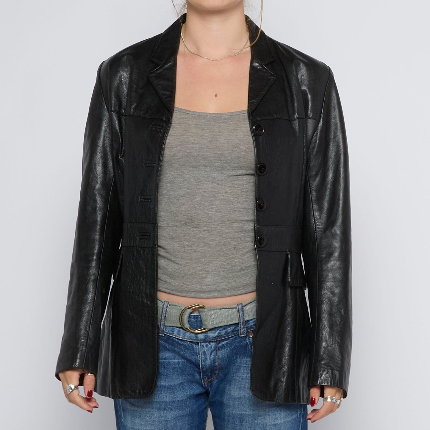 Double Breasted Buttoned Leather Jacket - UK 8