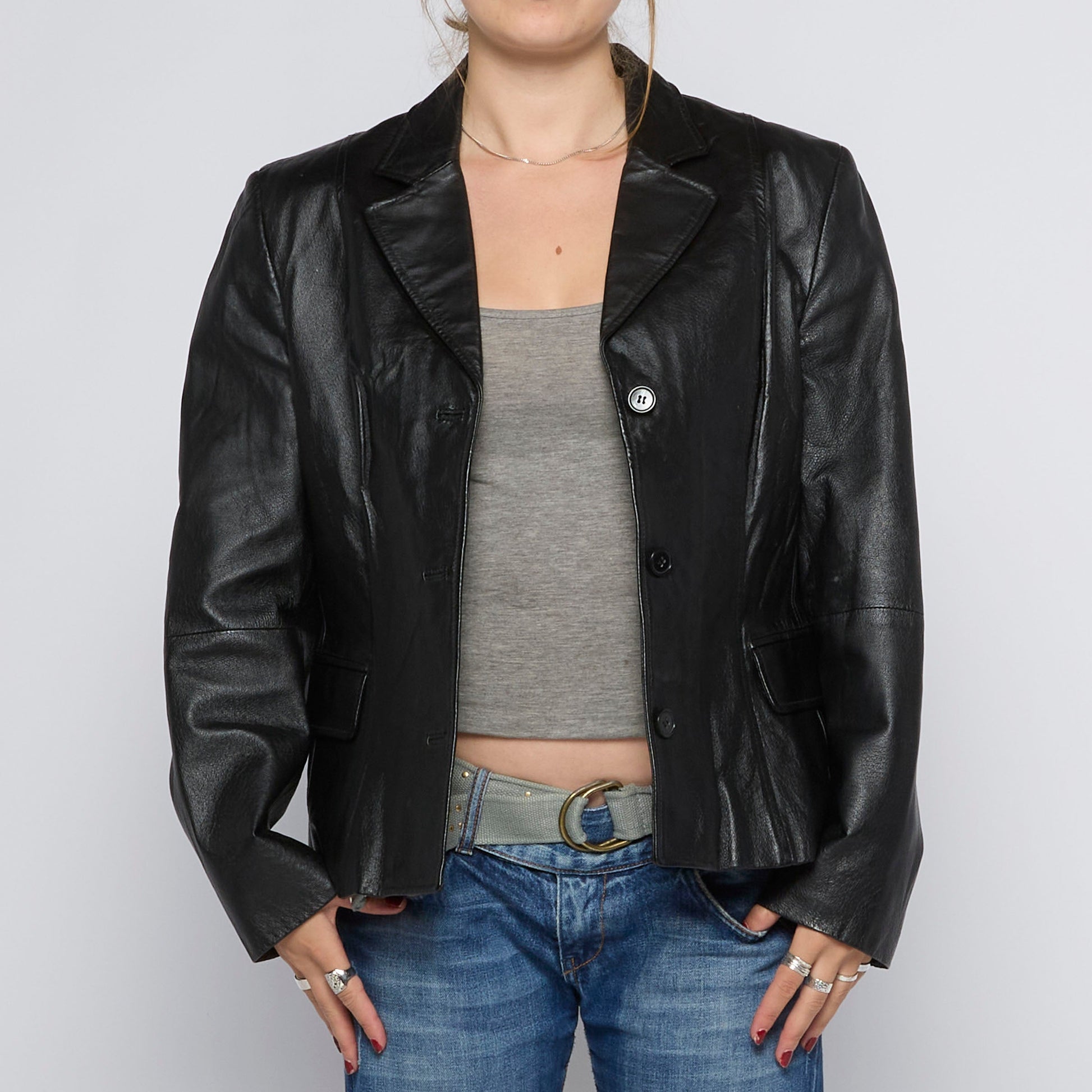 Double Breasted Buttoned Leather Jacket - UK 8