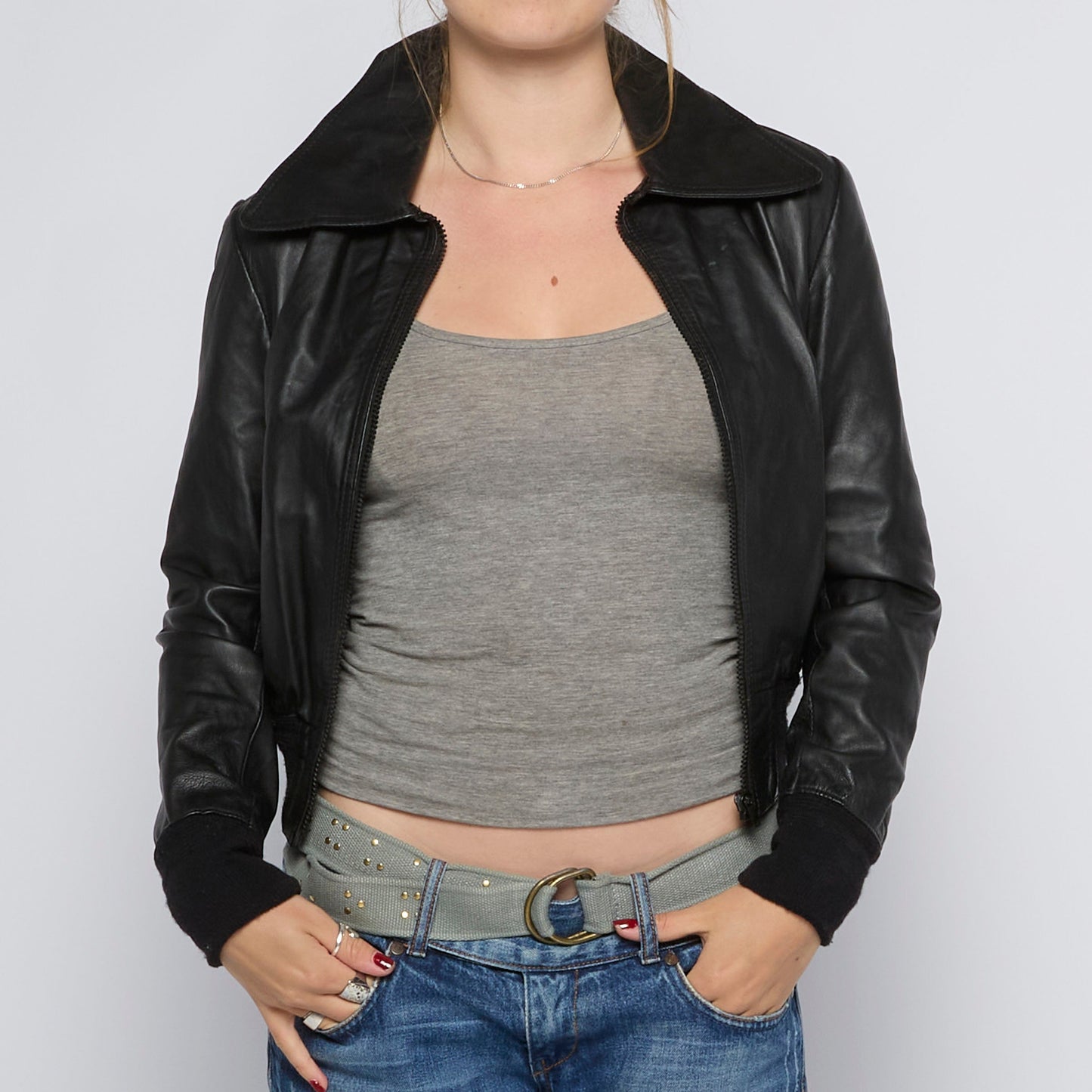 Collared Full Zip Cropped Leather Jacket - UK 8