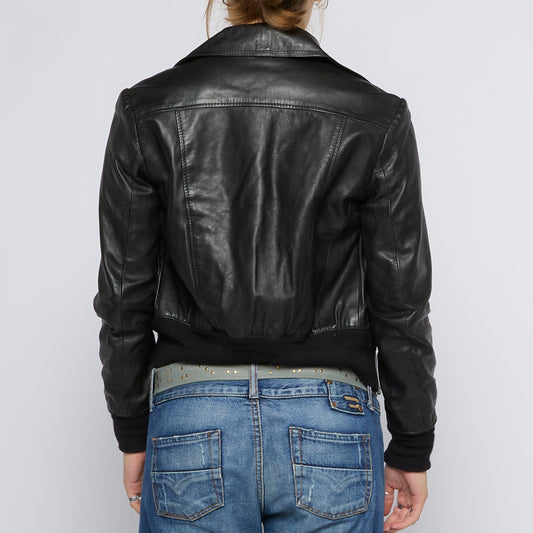 Cropped Leather Bomber Jacket - UK 8