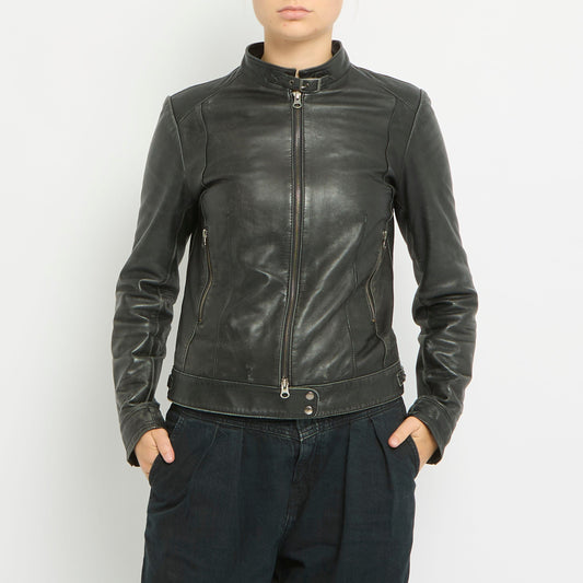 Faux Leather Buckle Detail Duo Zip Jacket- UK 8