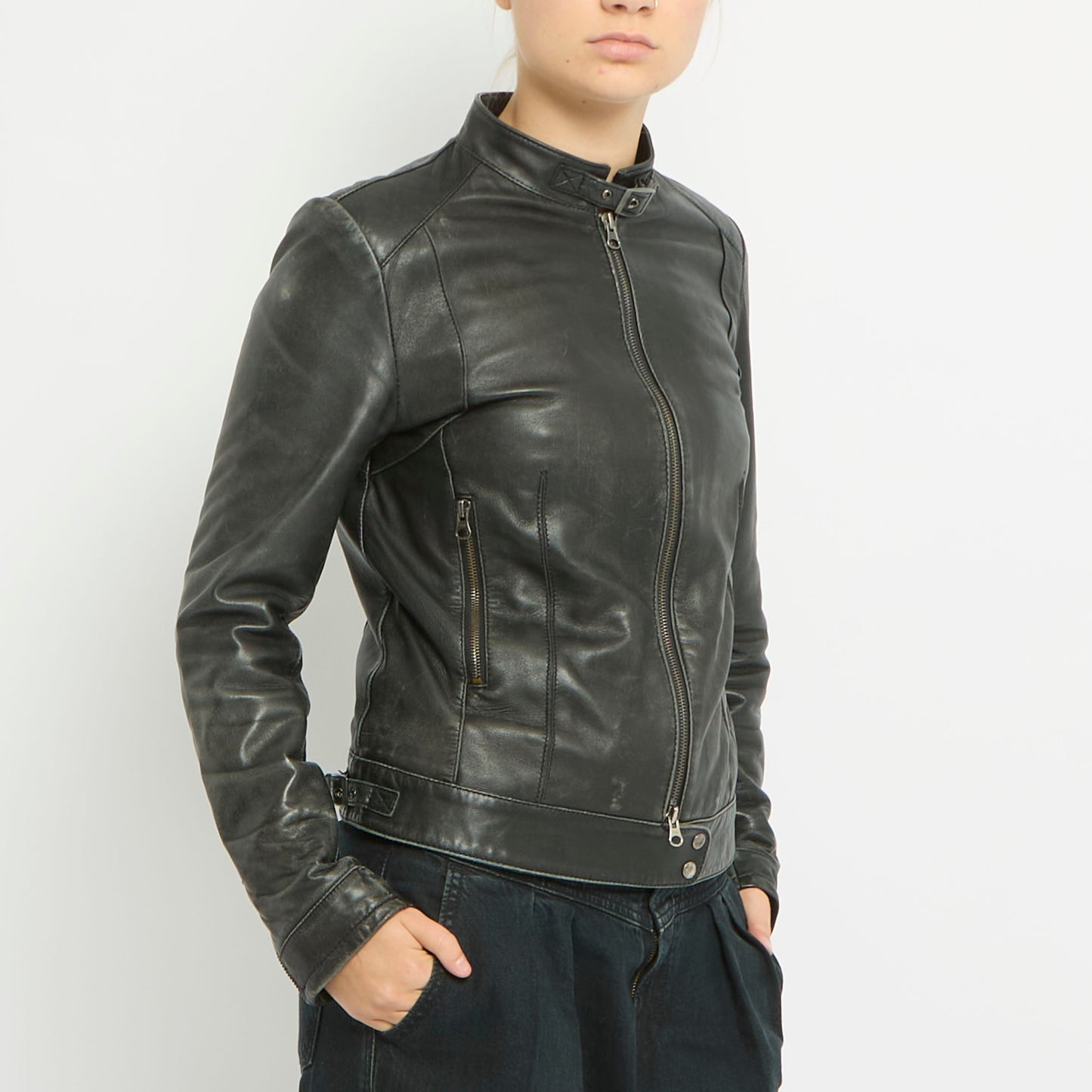 Leather Buckle Detail Zip Jacket - UK 8