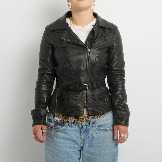 Leather Belt Waist Full Side Zip Jacket- UK 8