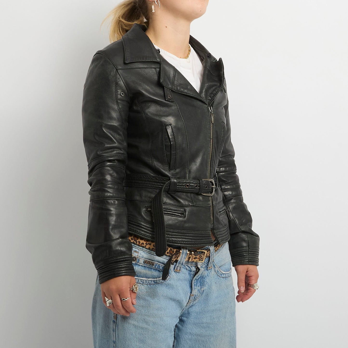 Leather Belt Waist Full Side Zip Jacket- UK 8