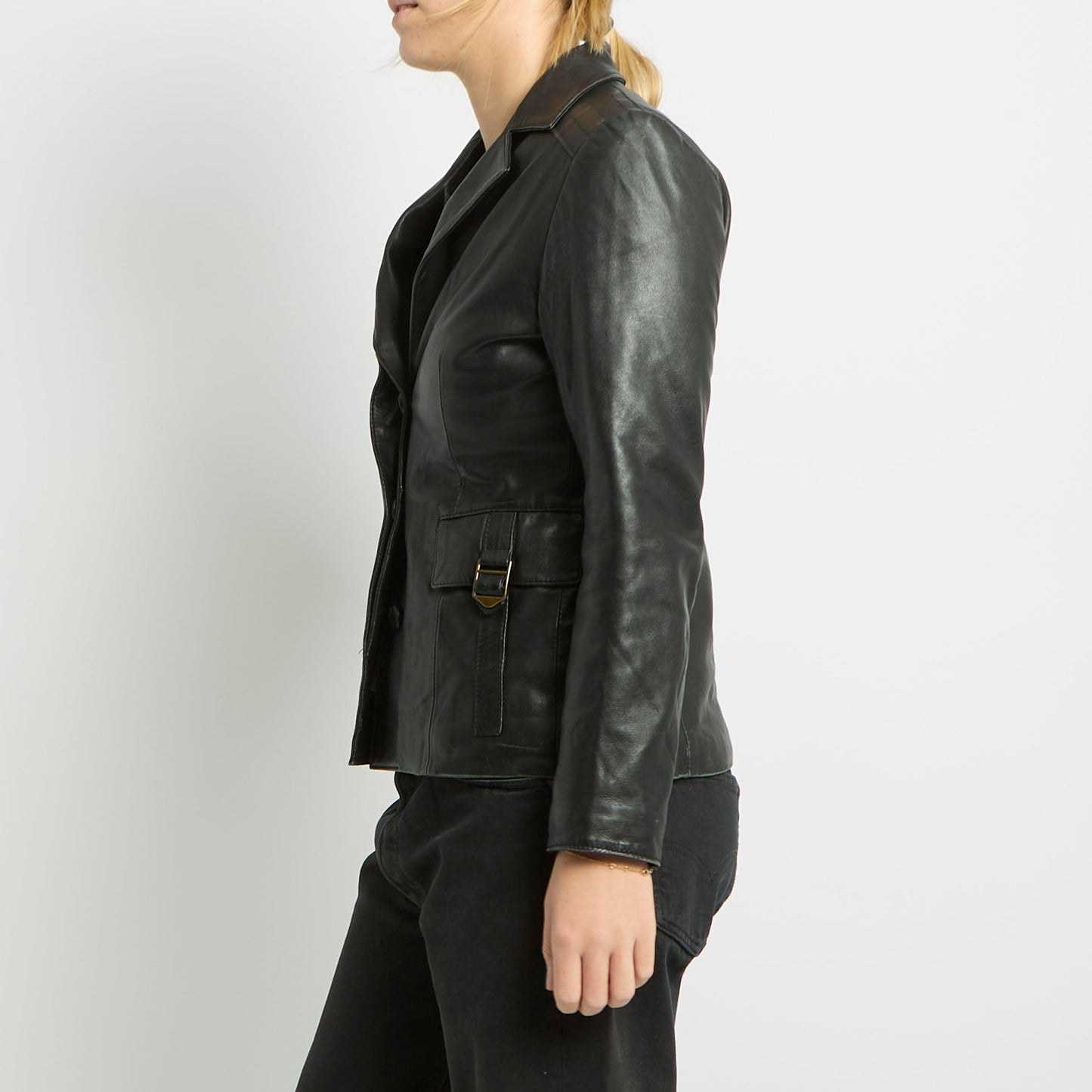 Buckle Detail Leather Blazer Jacket - UK 8