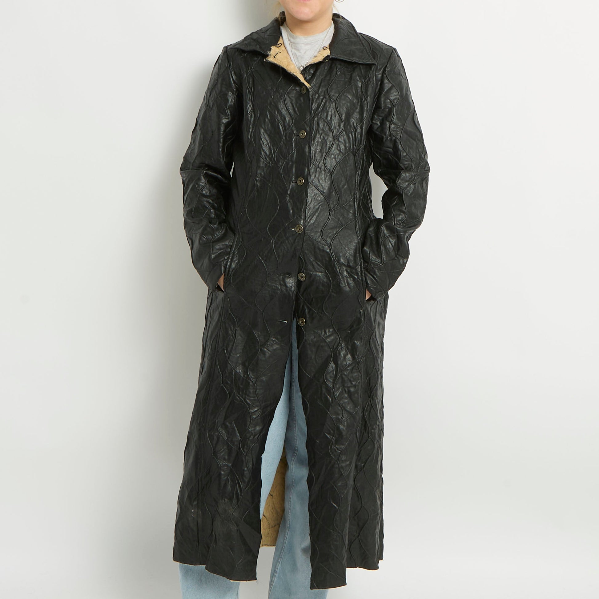 Leather Fur Lined Trench Coat - UK 8