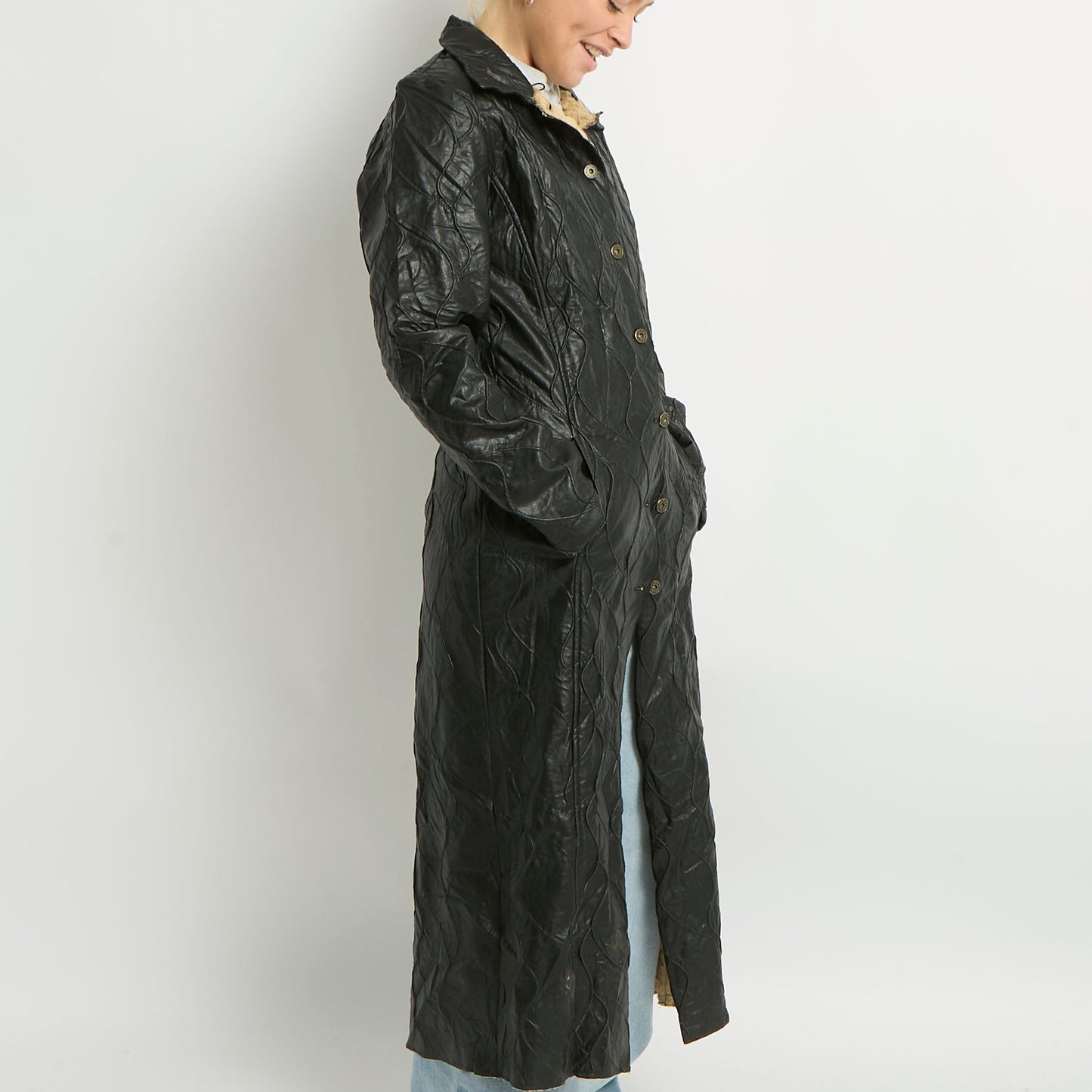 Leather Fur Lined Trench Coat - UK 8